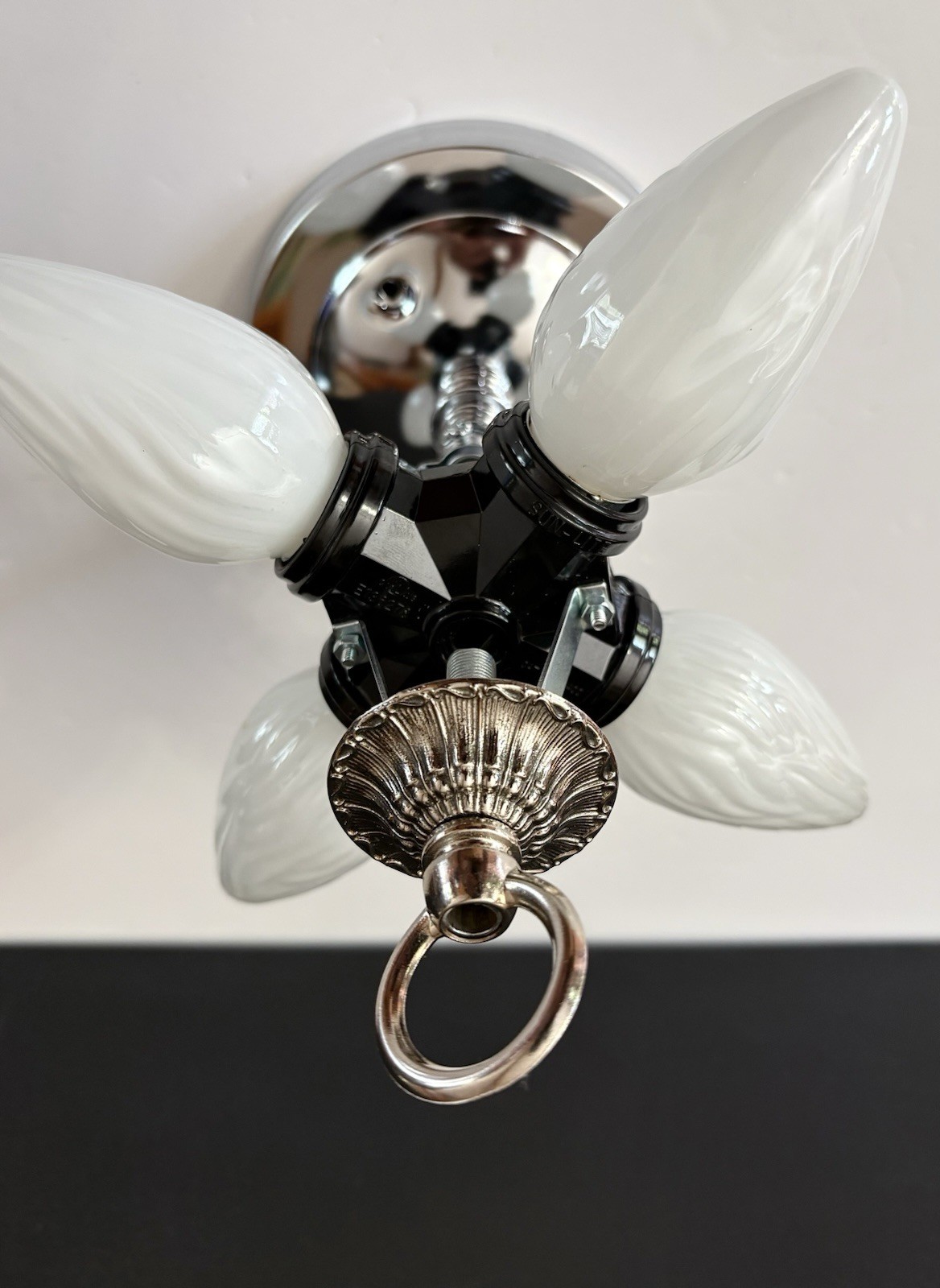 Vintage Large 19” Diameter Art Deco Gatsby White Chrome Ceiling Light Fixture