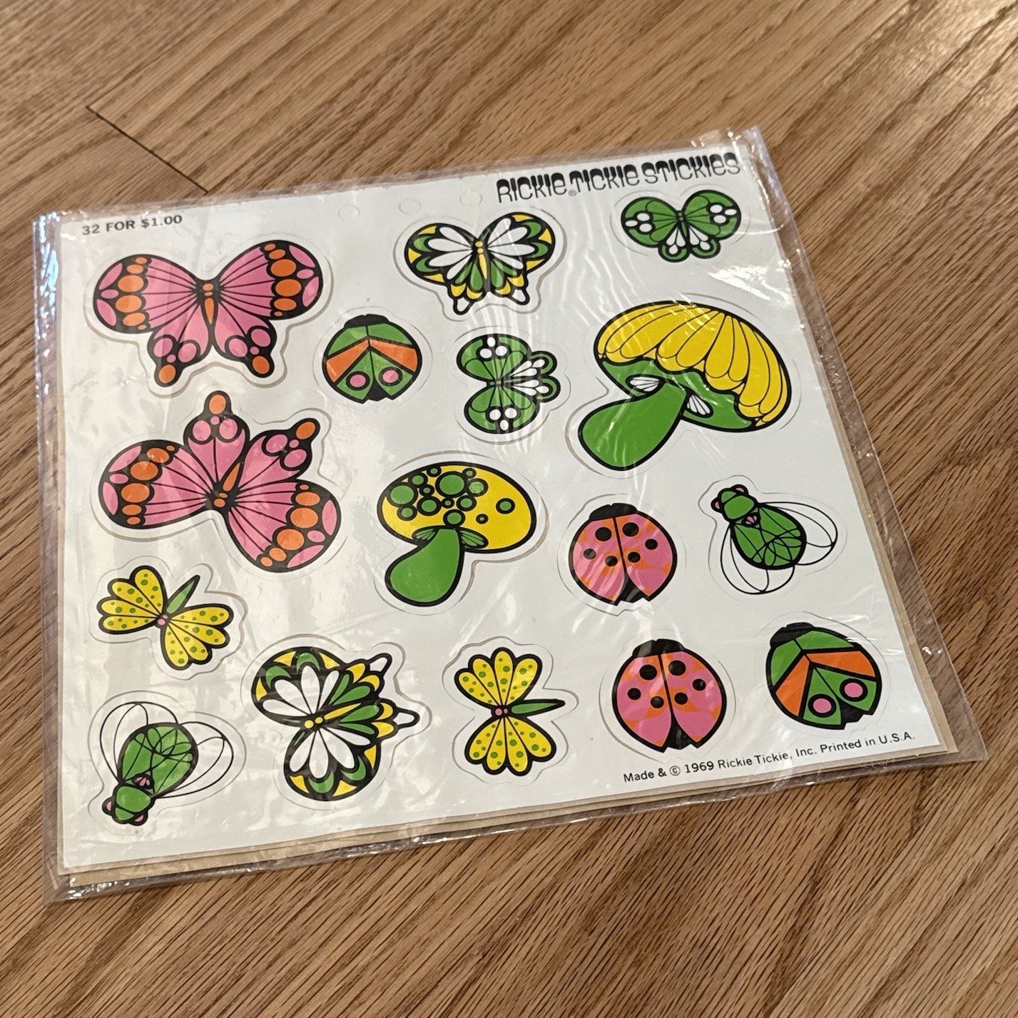 Vintage Retro 1969 Rickie Tickie Mushroom Butterfly Lady Bug Stickers 2 Sheets