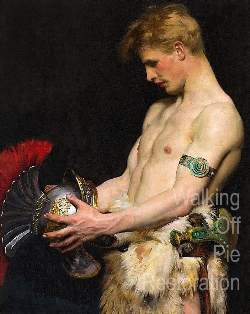 Germanic Soldier Admiring a Roman Helmet 5×7 Reprint