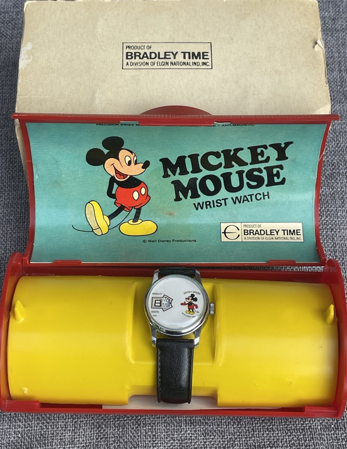 Rare Bradley Jump Hour Digital Mickey Mouse Watch Round With Case 1970s Repair