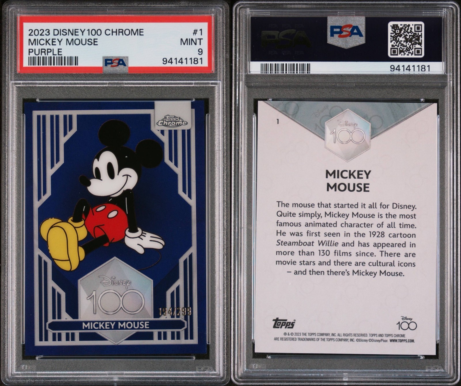 Mickey Mouse 💥🐭 PSA MINT 9 BASE PURPLE /399! #1! 2023 Topps Chrome Disney 100