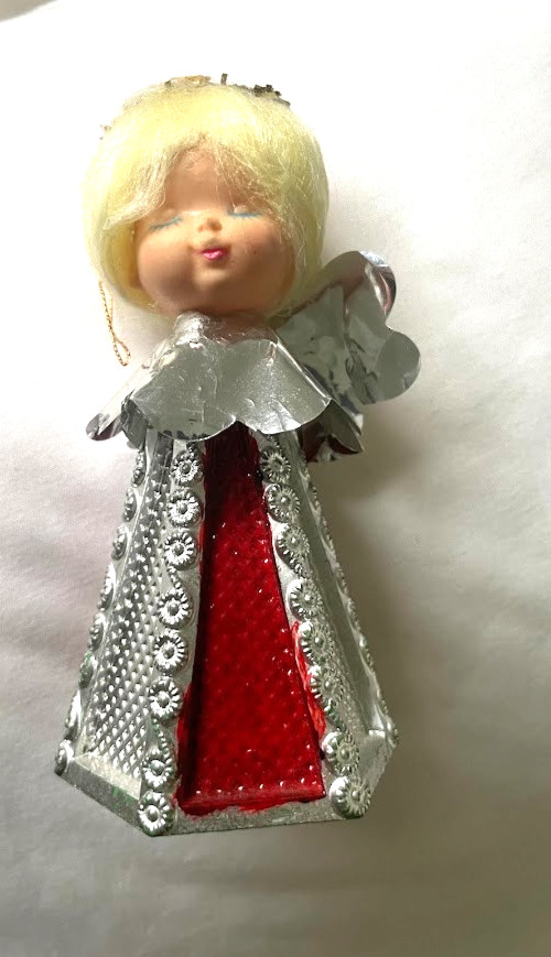 Vintage Blonde Hair Angel Christmas Ornaments Plastic Face foil wings silver red