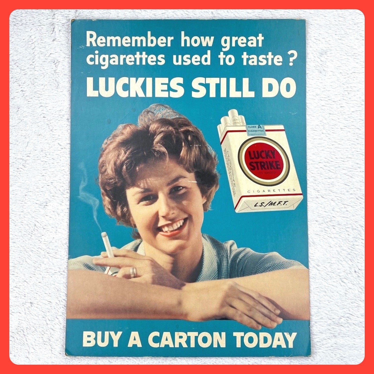 1950s Lucky Strike Cigarettes Countertop Display Sign Cardboard 14″x20″ USA
