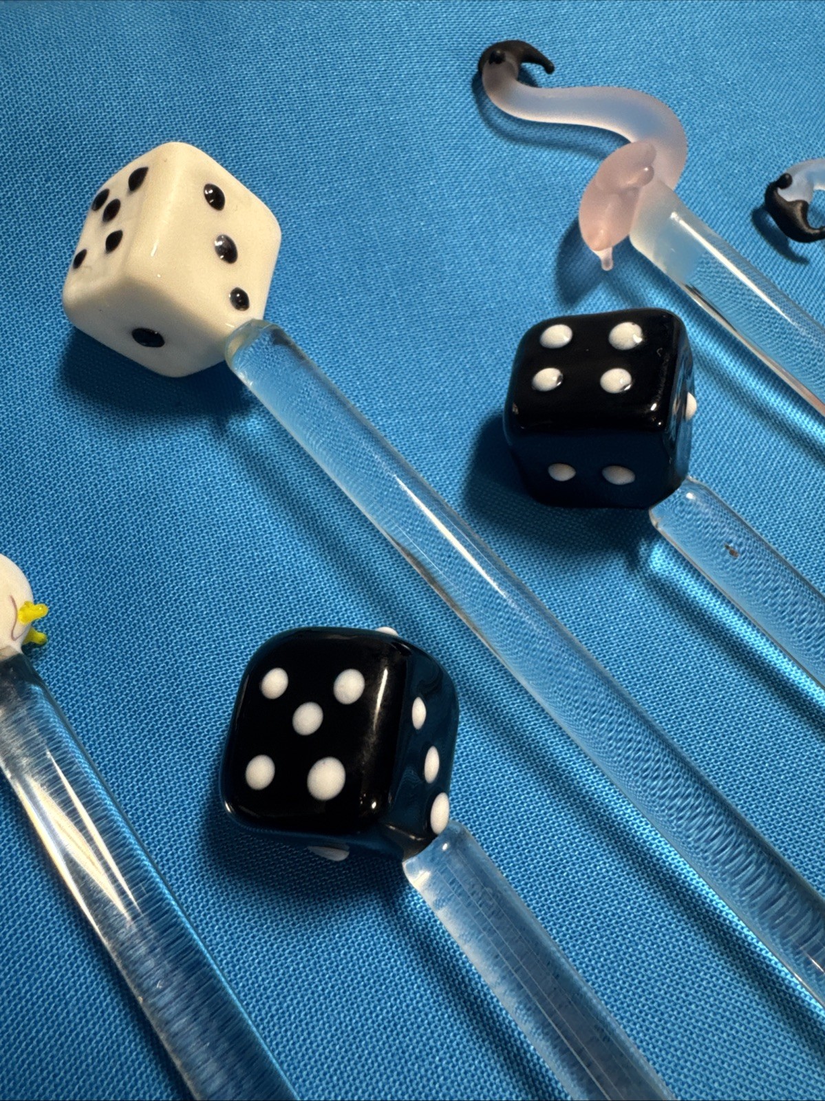 Vintage Glass Swizzle Sticks Cocktail Drink Stirrers Set Of 7 Dice Flamingo