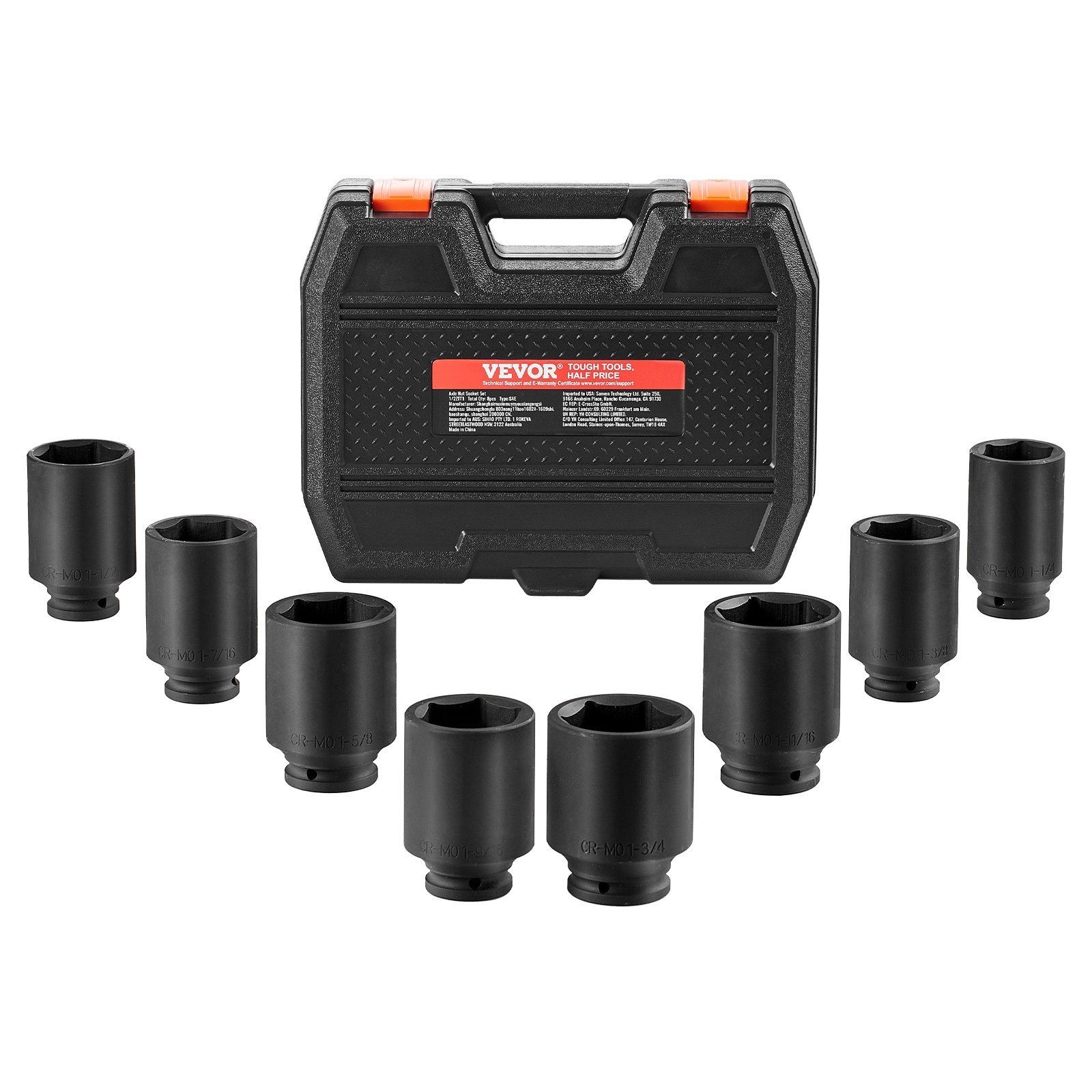 Set of 8 3/4in SAE Axle Sockets 6-Point 1″ to 1-1/2″ Deep with Case