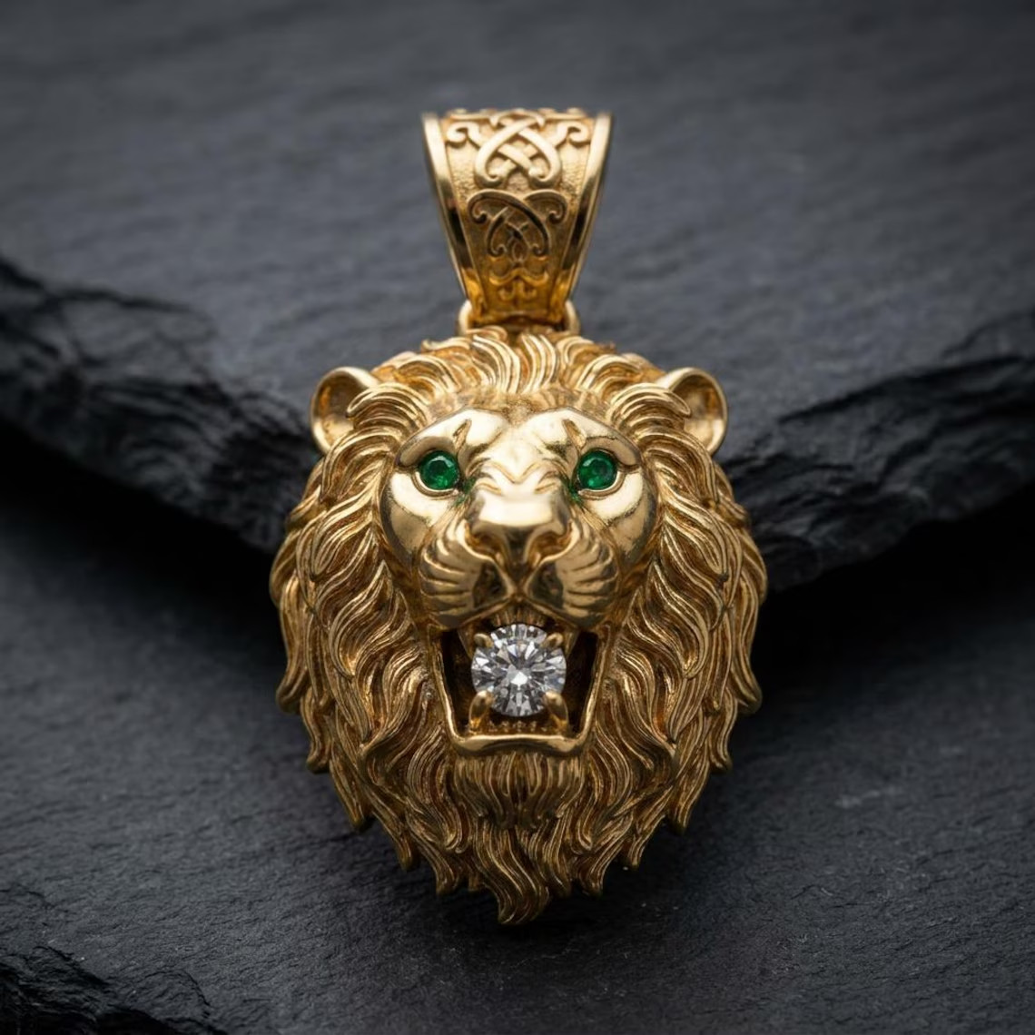 14K Yellow Gold Plated Lion Head Pendant Green Emerald Eyes Round Cut Moissanite