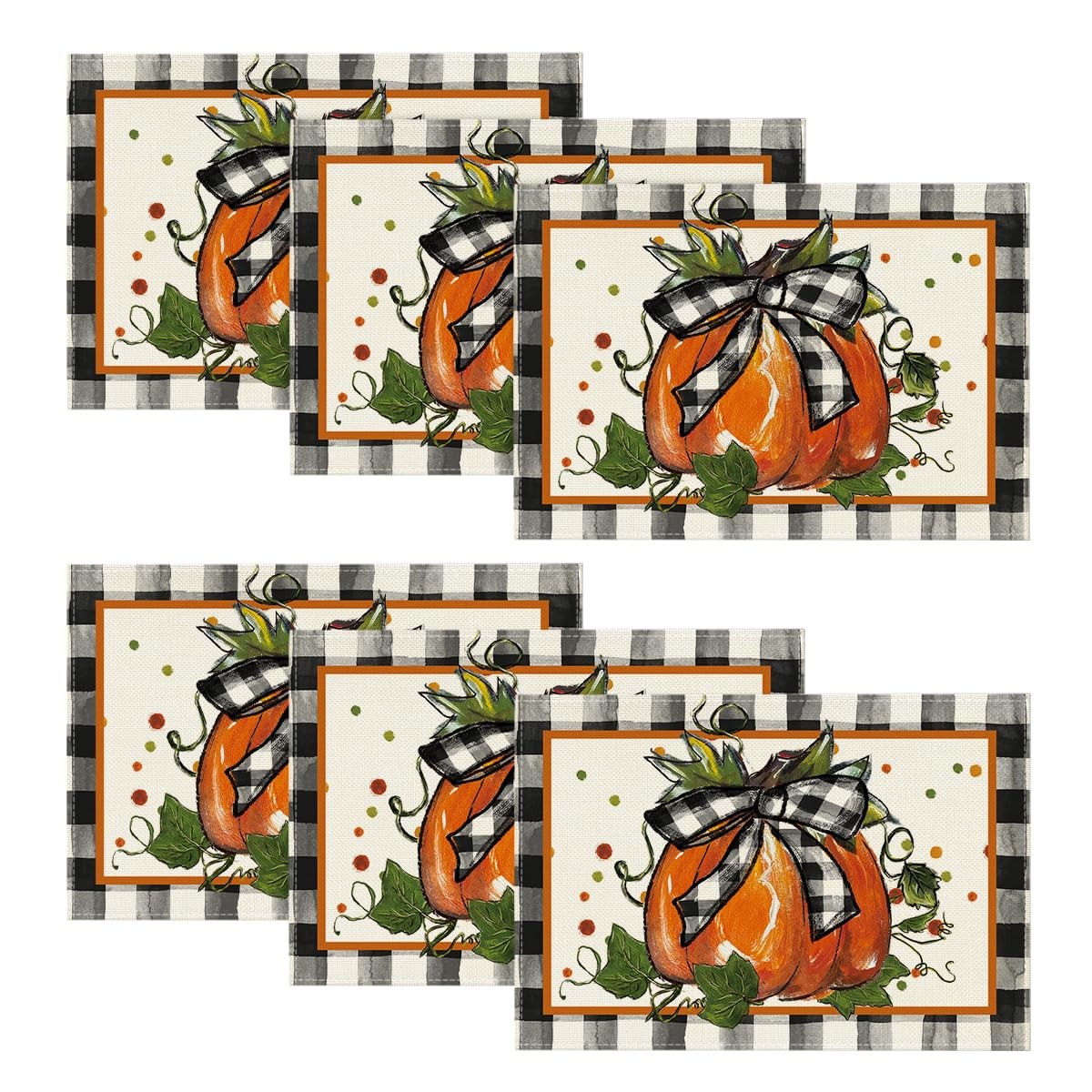 6 Pcs Pumpkin Buffalo Plaid Placemats 12 x 18 Inch Black Orange