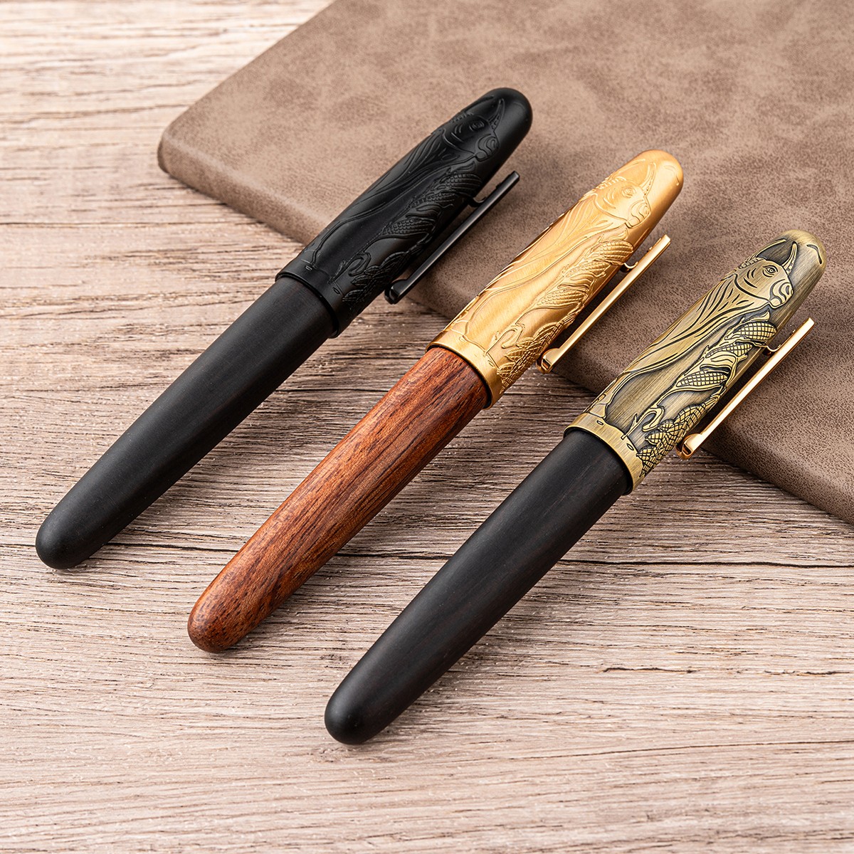 Jinhao 9056A Fountain Pen EF/F/M Nib, Bull Embossed Handmade Wooden Gift Pen