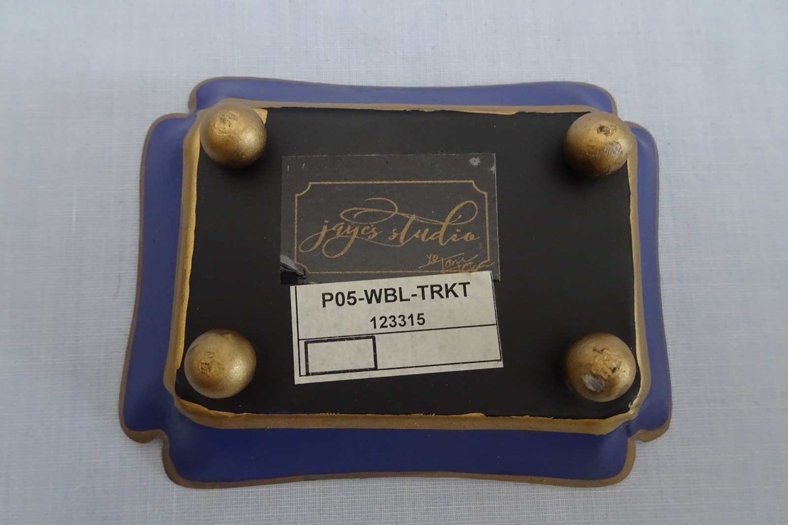 Jaye’s Studio 5×4″ Blue White & Gold Trinket Tray Dish Signed XO Tom ??? 123315