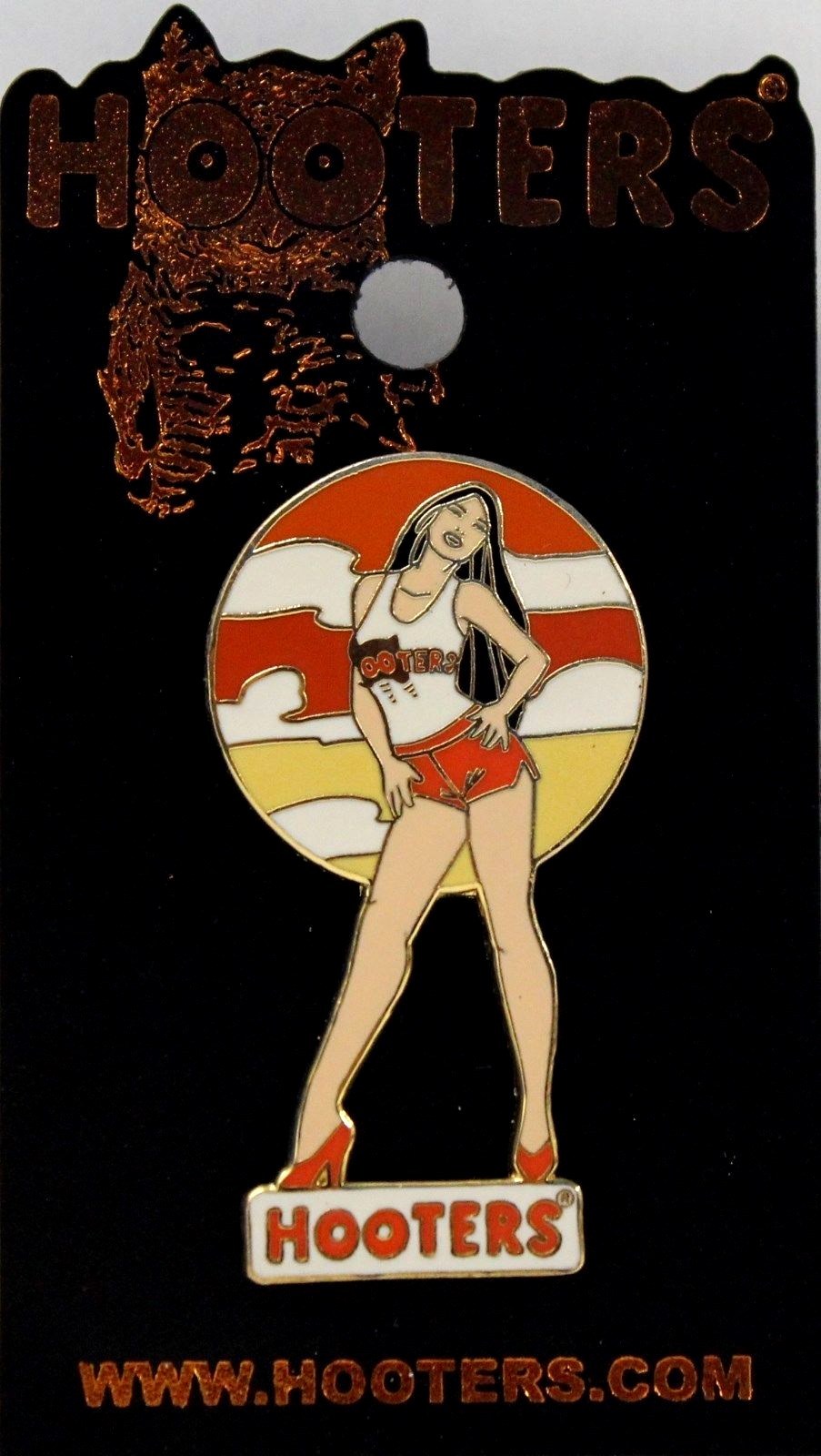 HOOTERS SEXY BLACK HAIR ASIAN WAITRESS GIRL ENJOYING RISING SUN SUNSET LAPEL PIN