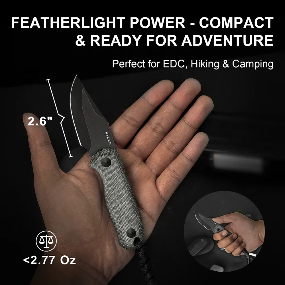 Kizer Cutlery Drop Bear Fixed Knife 2.63″ Black AEB-L Steel Blade Micarta Handle