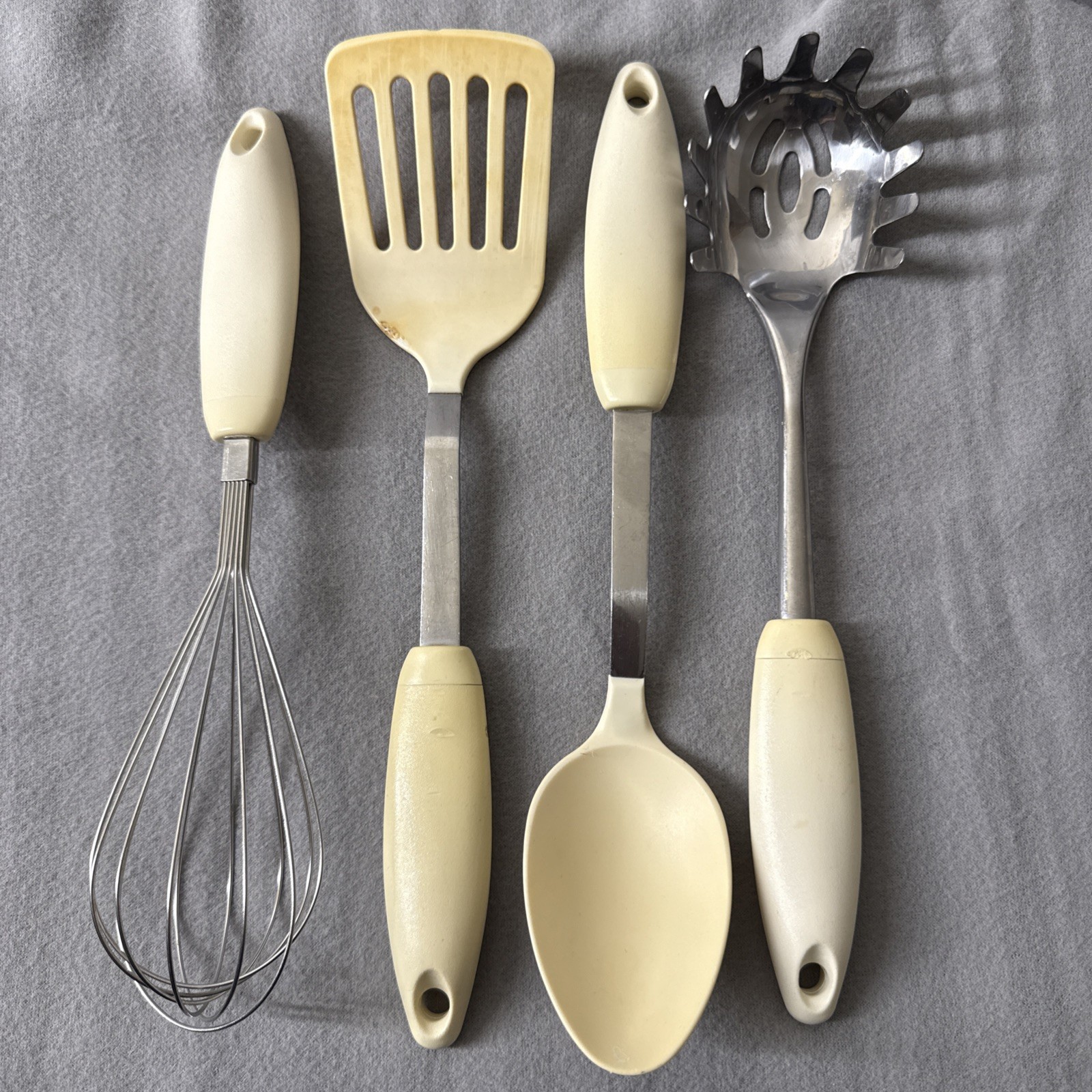 Vintage Pyrex Stainess Steel Kitchen Utensils Set 4 Spoon Whisk Spatula Slotted