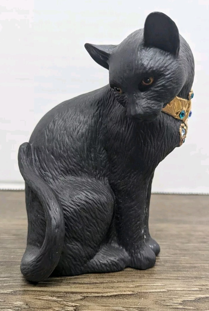 Lenox Black Matte Hand Painted CAT 14k Jeweled Collar Moonlight Allure Figurine