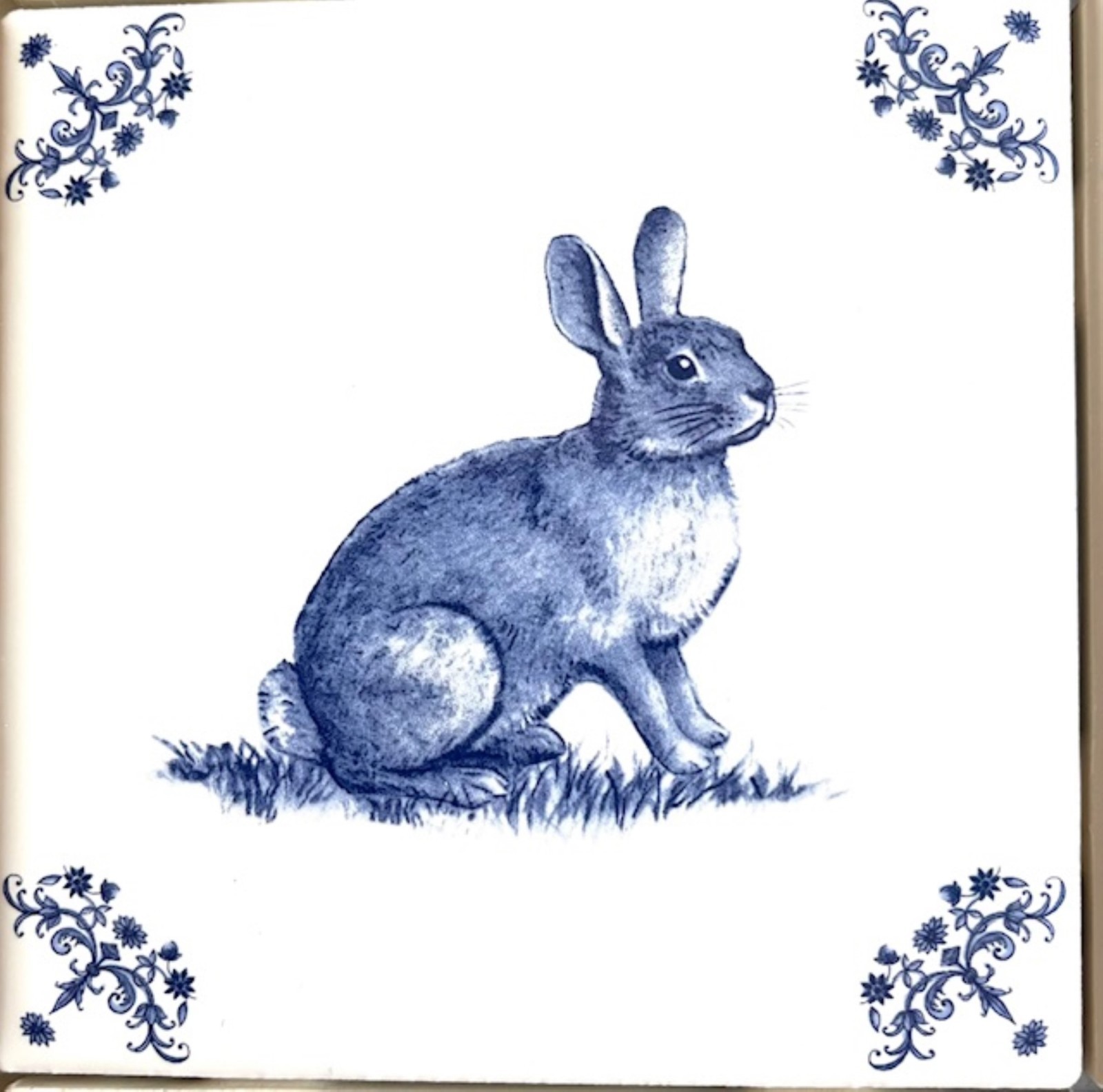 Blue Delft Running Bunny Kiln Fired Ceramic Tile 4.25″ x 4.25″