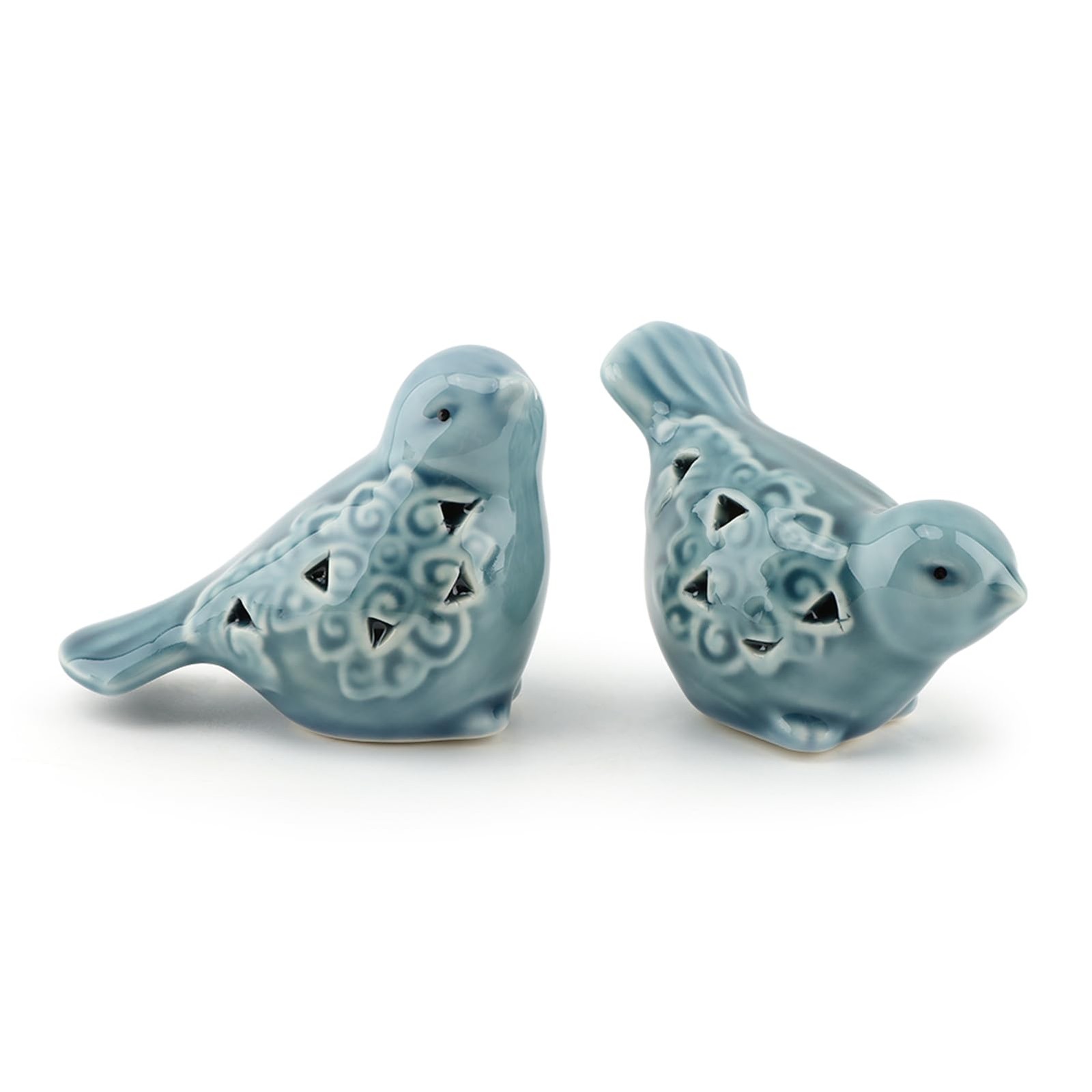 Small Ceramic Bird Figurines Set, 2 Pieces, Blue Glazed, Flower Detail