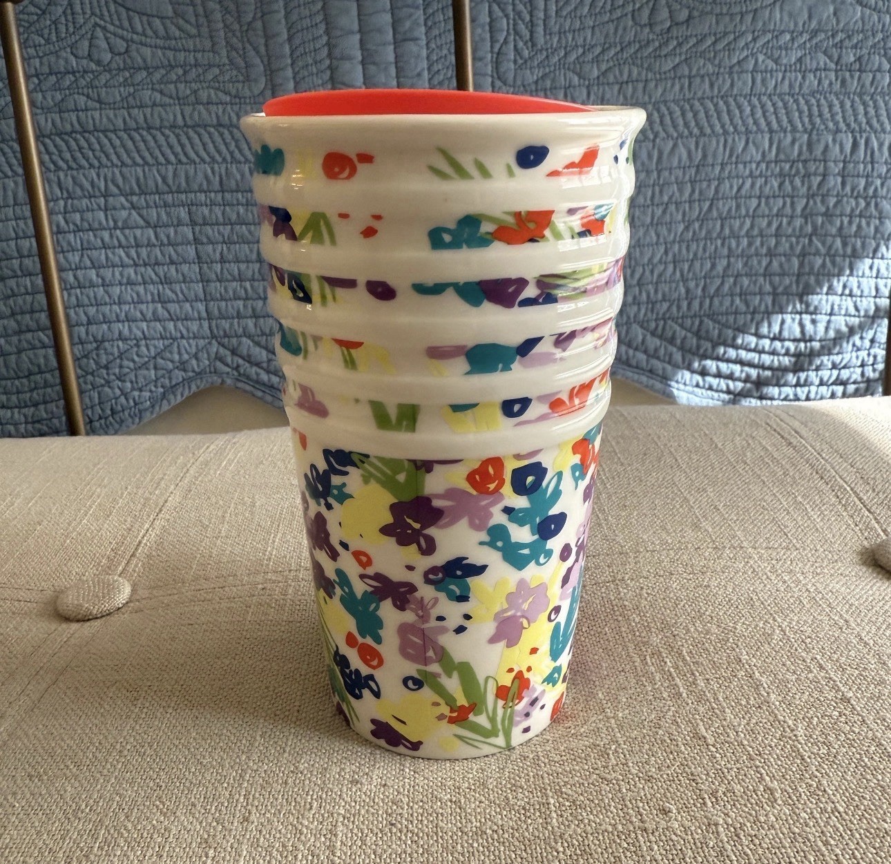 Rare Starbucks Floral Ceramic Travel Mug Multicolor with Drink Through Lid