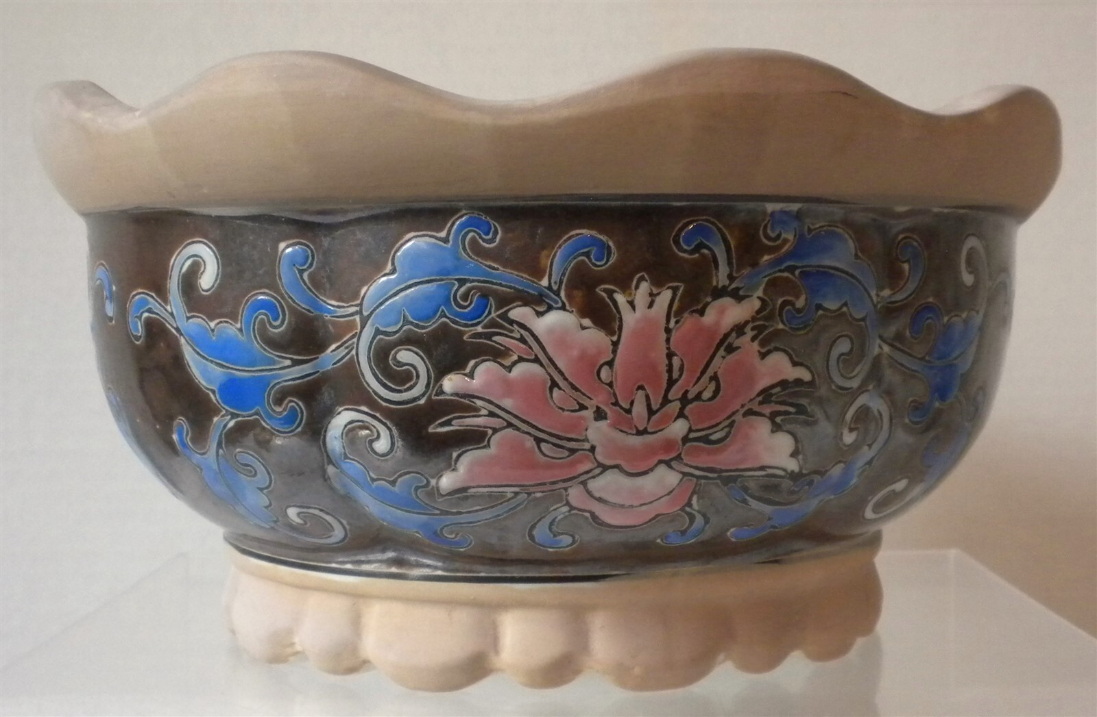 VTG BRONZE METALLIC PINK BLUE FLORAL LOW 10″ X 5″ ROUND CERAMIC PLANTER