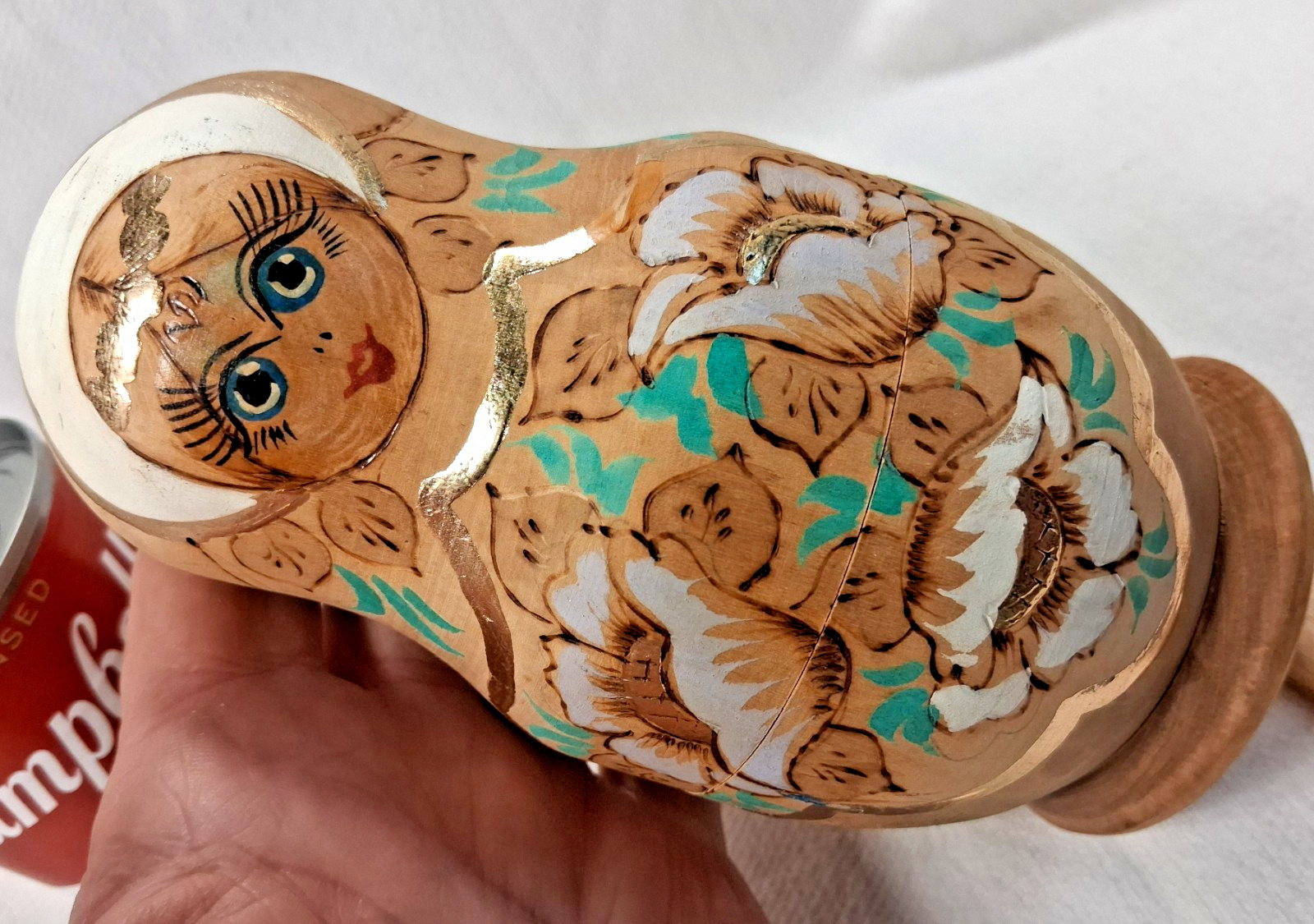 5pc Set of Russian Nesting Dolls 6.25″ Hand Painted Wood Turned Pyrography Ethno