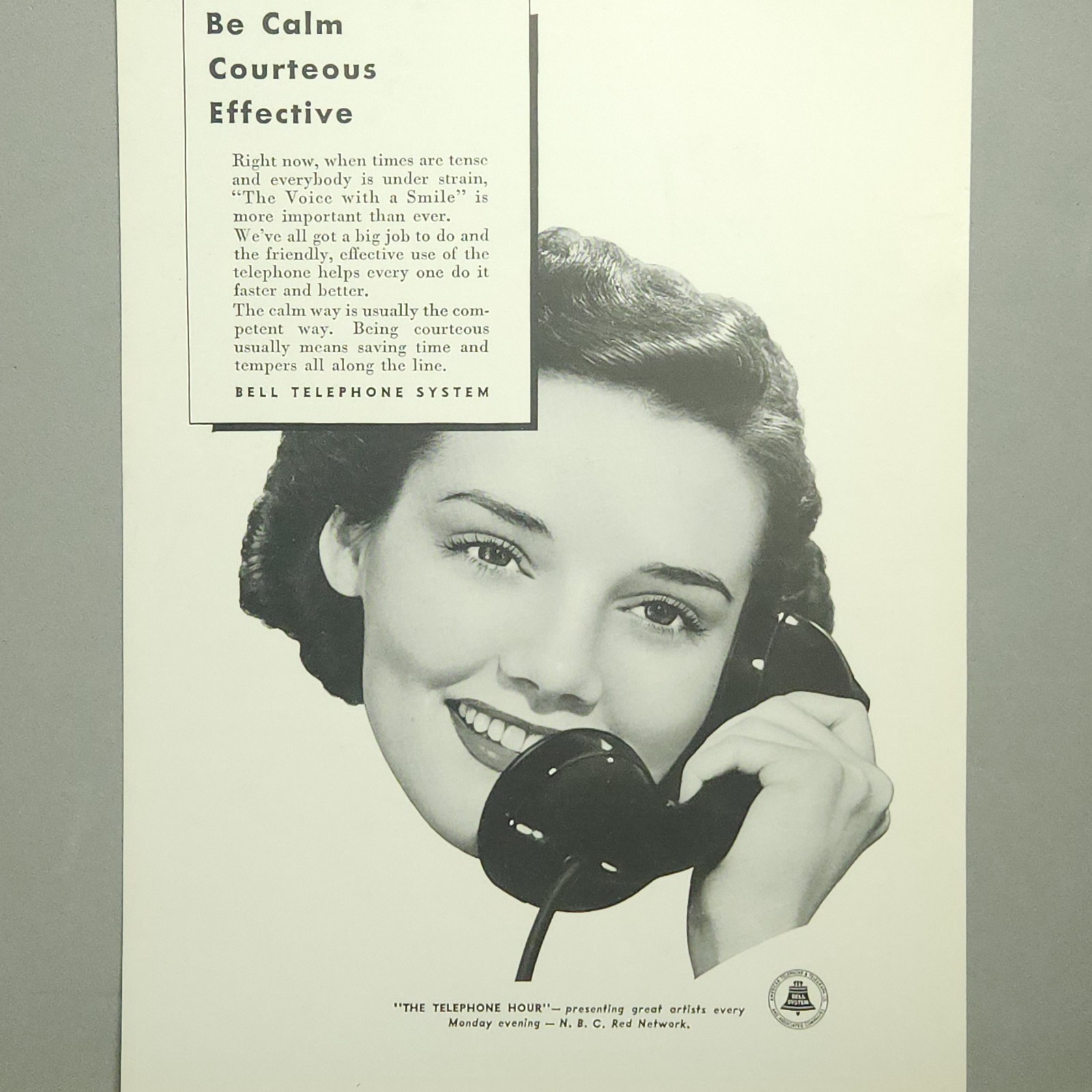 1942 Bell Telephone WW2 Print Ad NBC Telephone Hour Voice with Smile Vintage VG