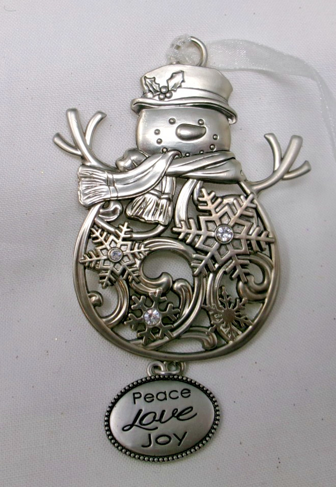 Silver Metallic Peace Love Joy Jeweled Snowman 3 1/2″ Christmas Ornament