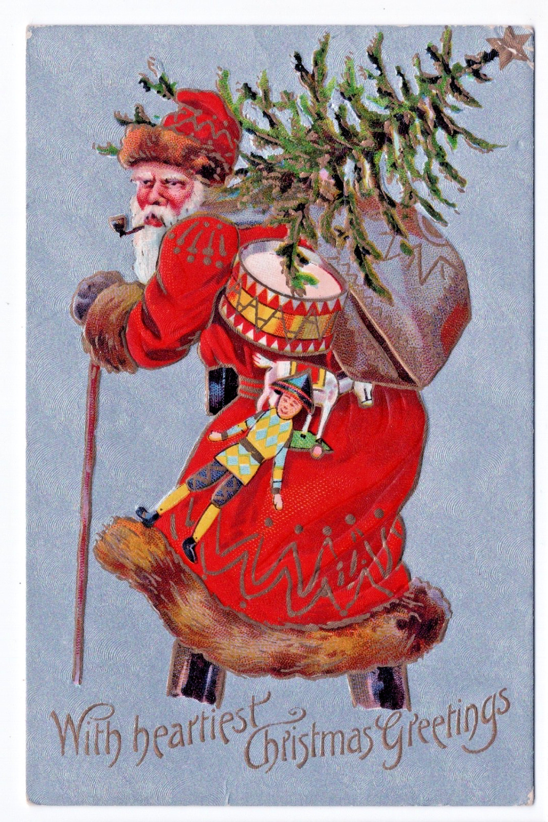Santa Claus Drum Toys Walking Stick Tree Gold Details Vintage Christmas Postcard