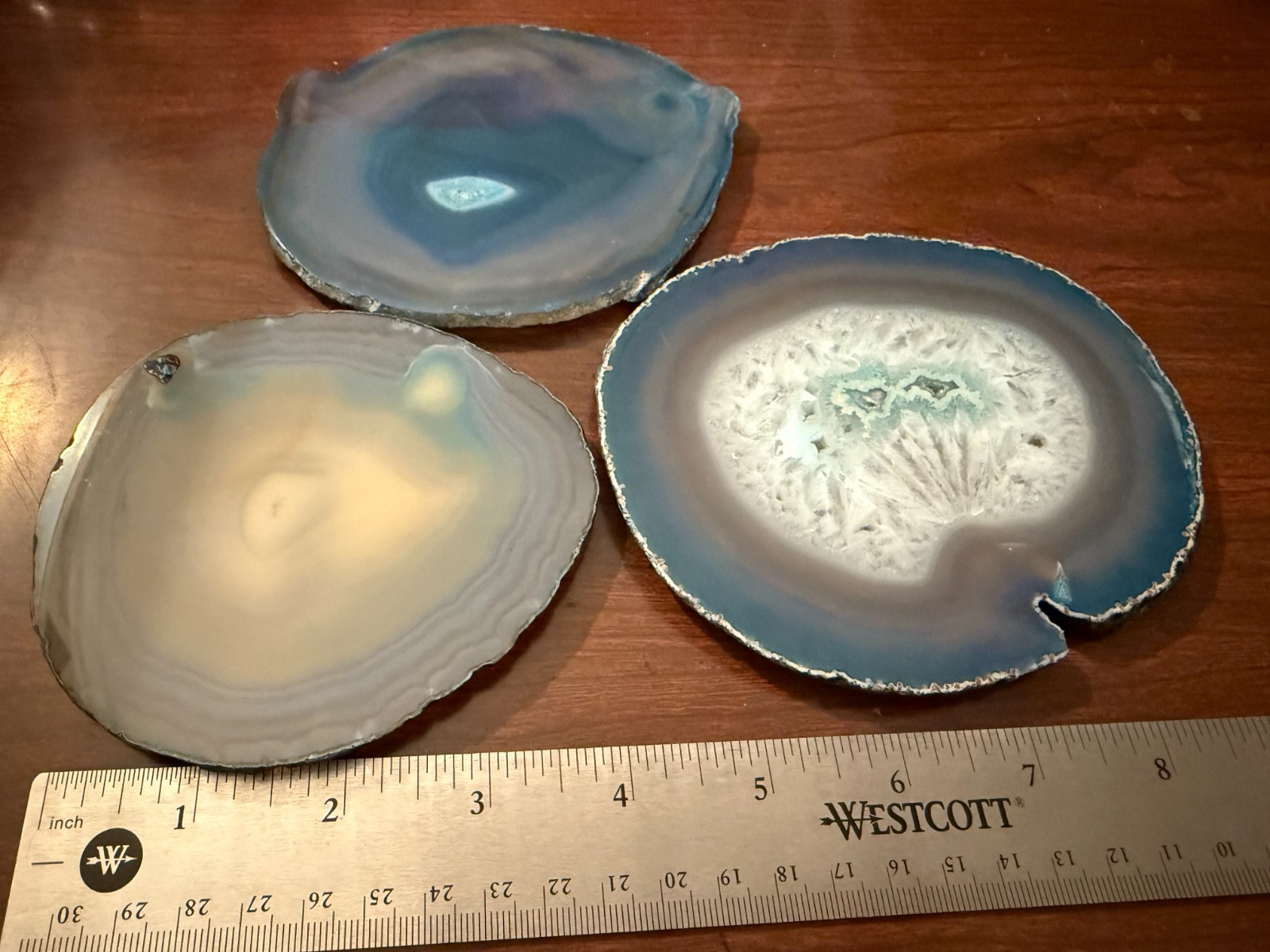 Set of 3 Agate Blue White Gray Crystal Rock Cousters