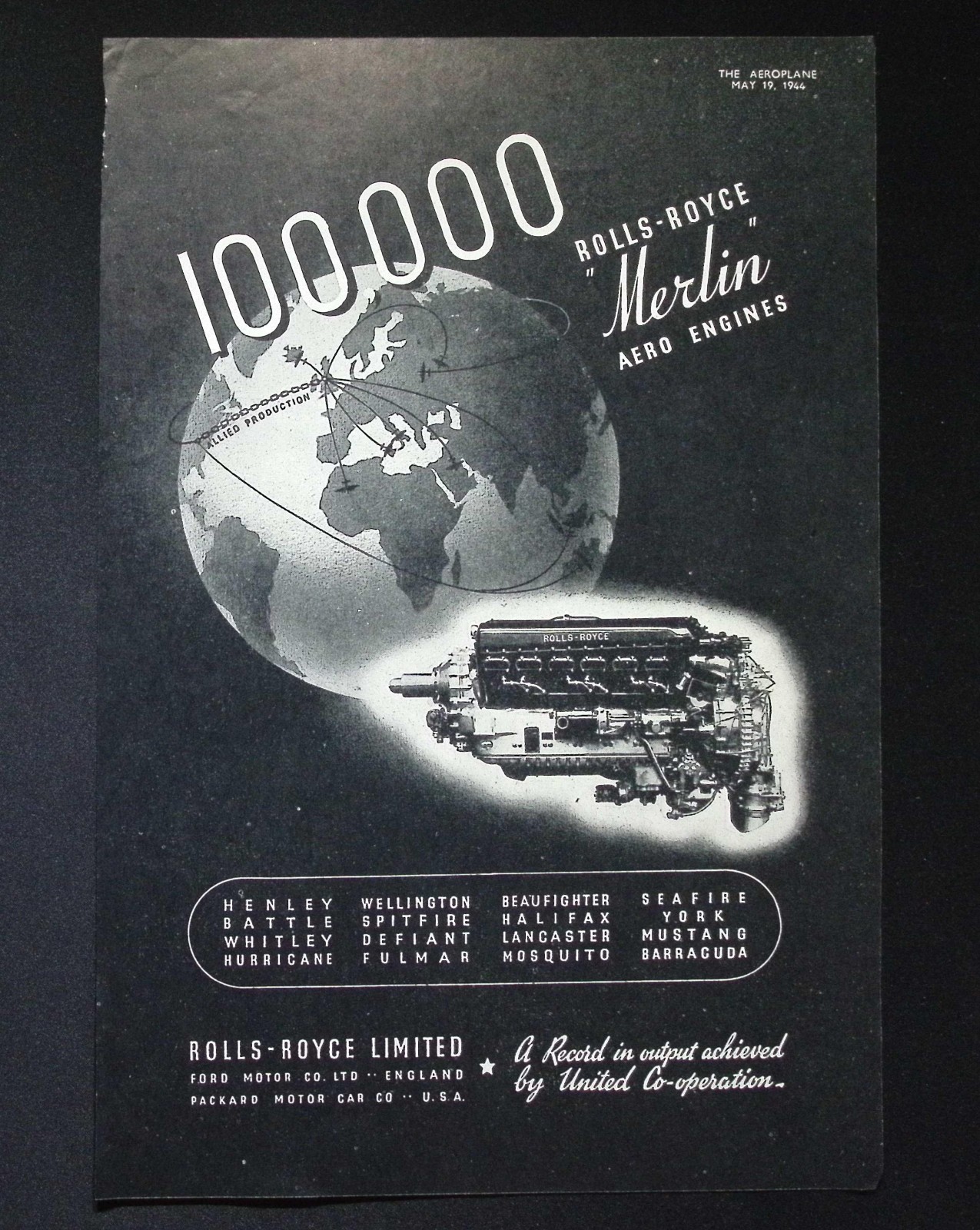 Original WWII Vintage Advert – Rolls-Royce Merlin Aero Engines – 100,000th Built