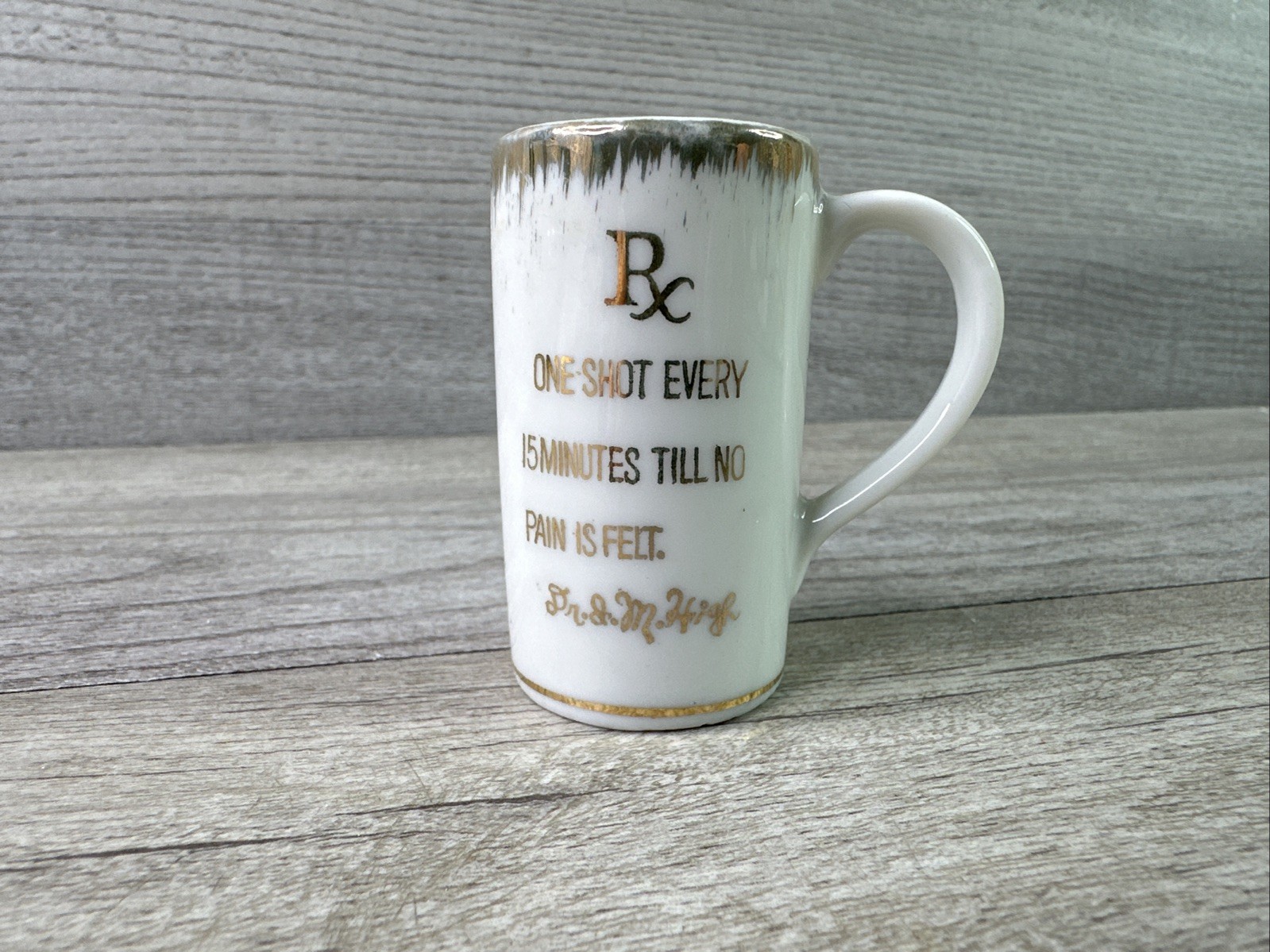 Vtg RX PHARMACY SHOT GLASS Doctor Nurse Pharmacist EMT Medicine Gift White Gold