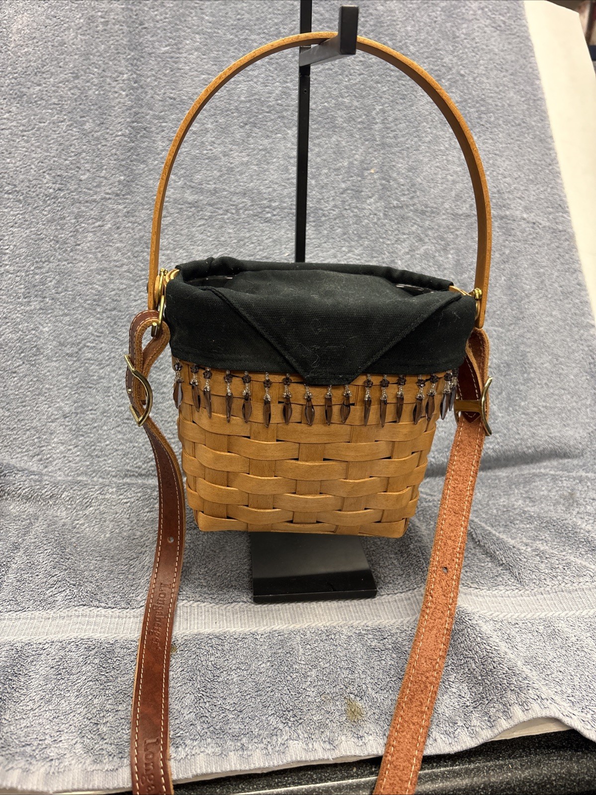 Longaberger Black Fabric Beaded Fringe Basket Liner+ Protect Crossbody Purse