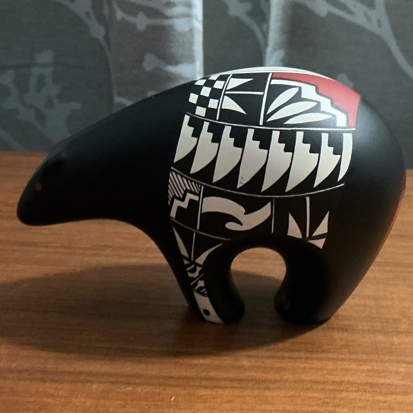 Hand Painted Matte Ceramic Bear Figurine Black White Red Geometric Pattern 1990