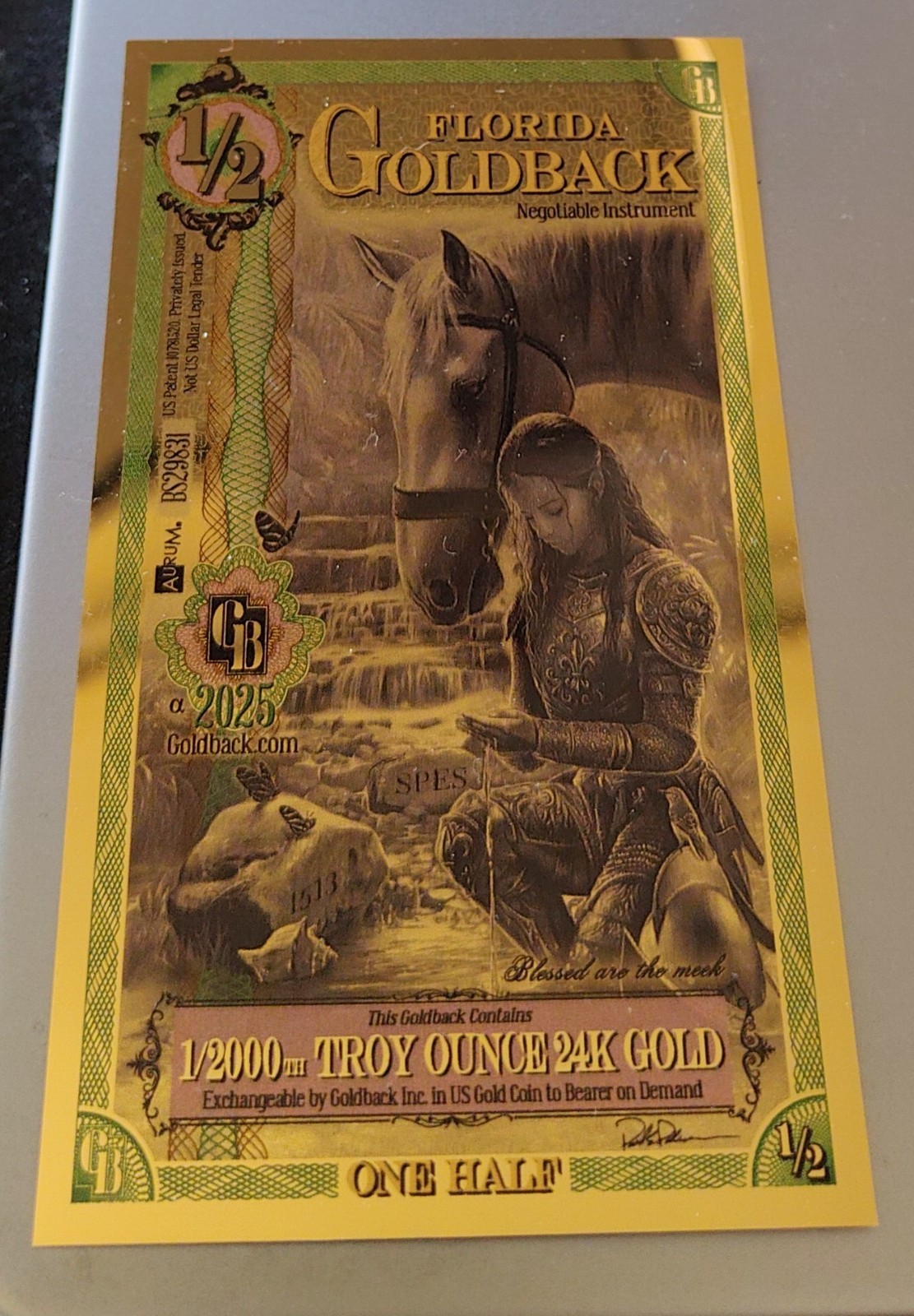Florida 1/2 Goldback – 1/2000 oz 24K Aurum Gold Foil Note