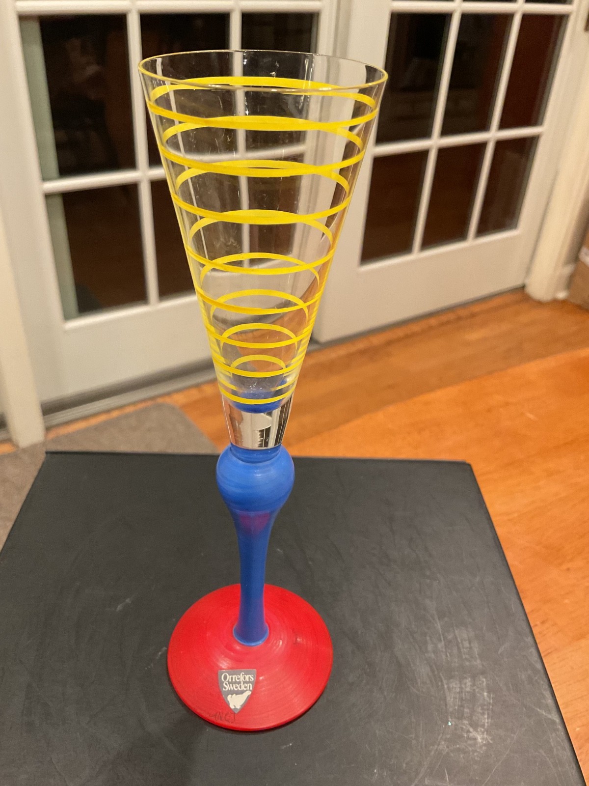 Anne Nilsson Cordial Glass Yellow Blue Red Orrefors Sweden 7.5″