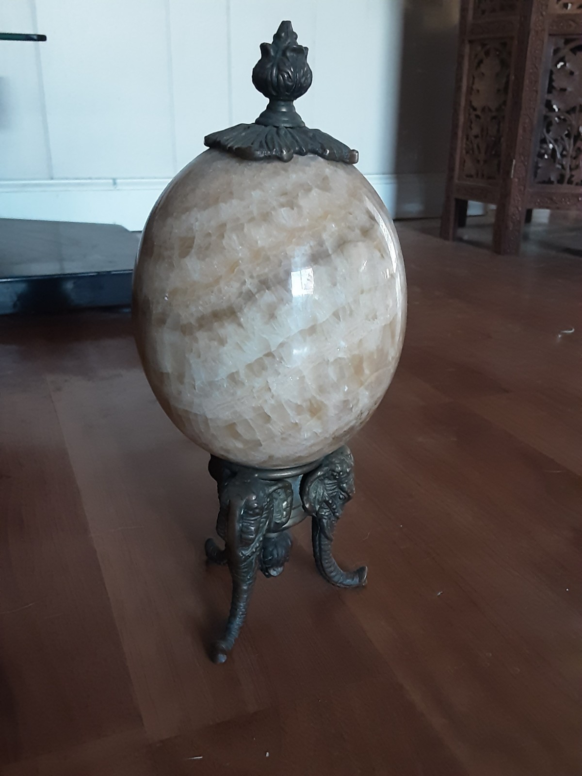 Vintage Large ALABASTER EGG Rock Three legged Brass ELEPHANT STAND Elegant