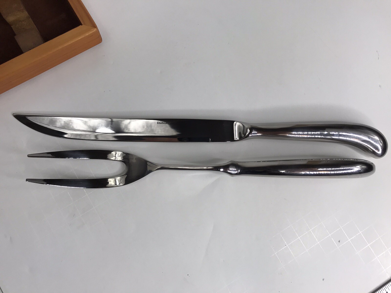 Stainless Steel Carving Knife and Fork Set By Chefmate With Wood Case. h1