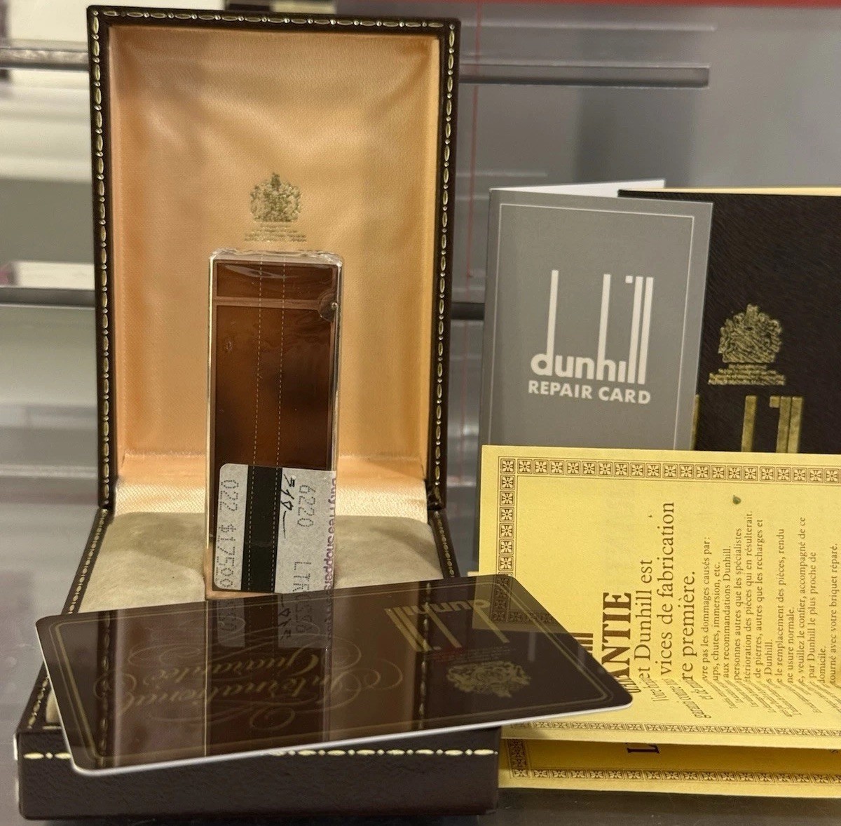 Dunhill Rollagas Slim Brown Lacquer Gold Plated Lighter NOS Sealed New
