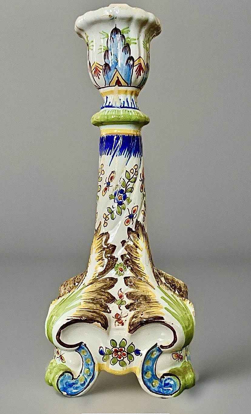 ANTIQUE FRENCH DESVRES FAIENCE CANDLESTICK FOURMAINTRAUX COURQUIN ROUEN STYLE