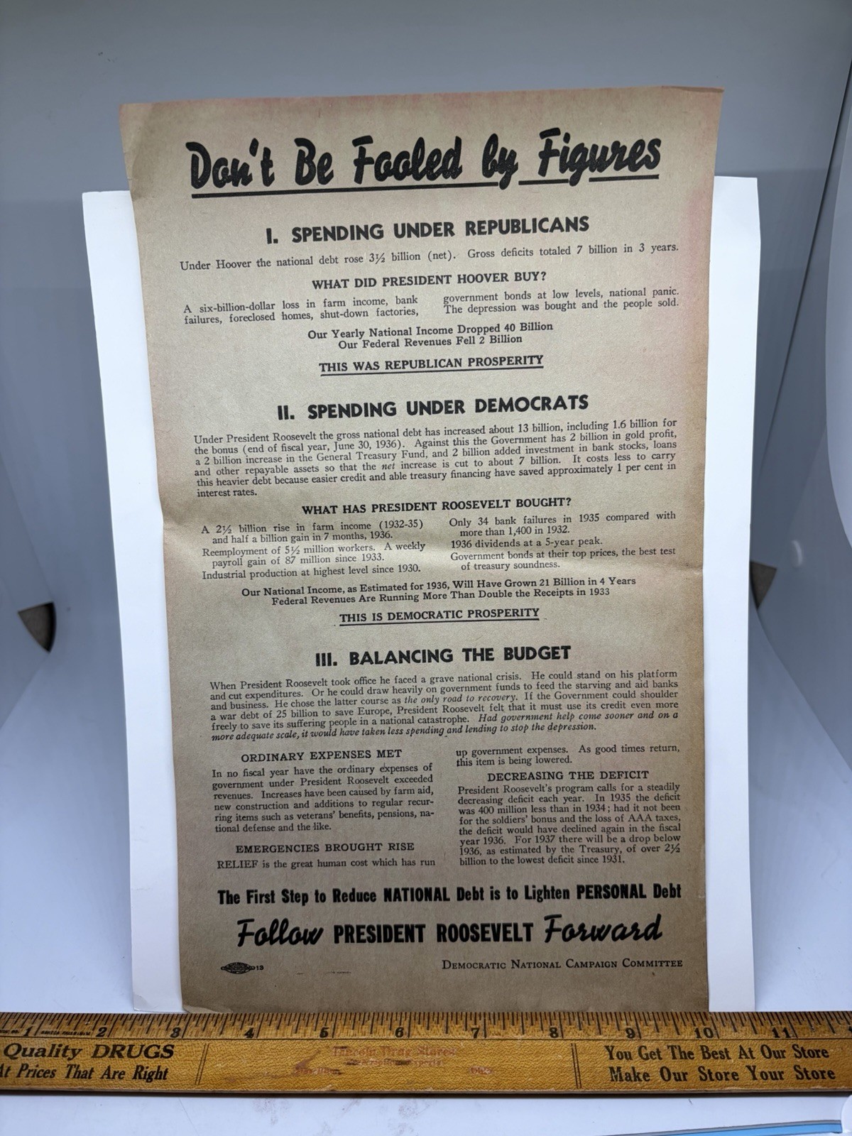 Franklin Roosevelt FDR Broadside Flyer 1936 Don’t Be Fooled By Figures
