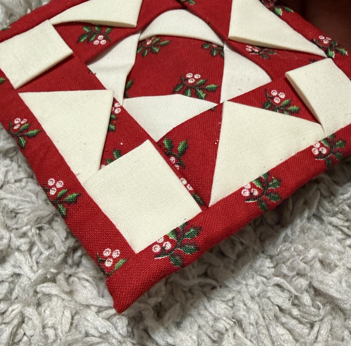 Handmade Quilted Christmas Ornament Red Cream Star