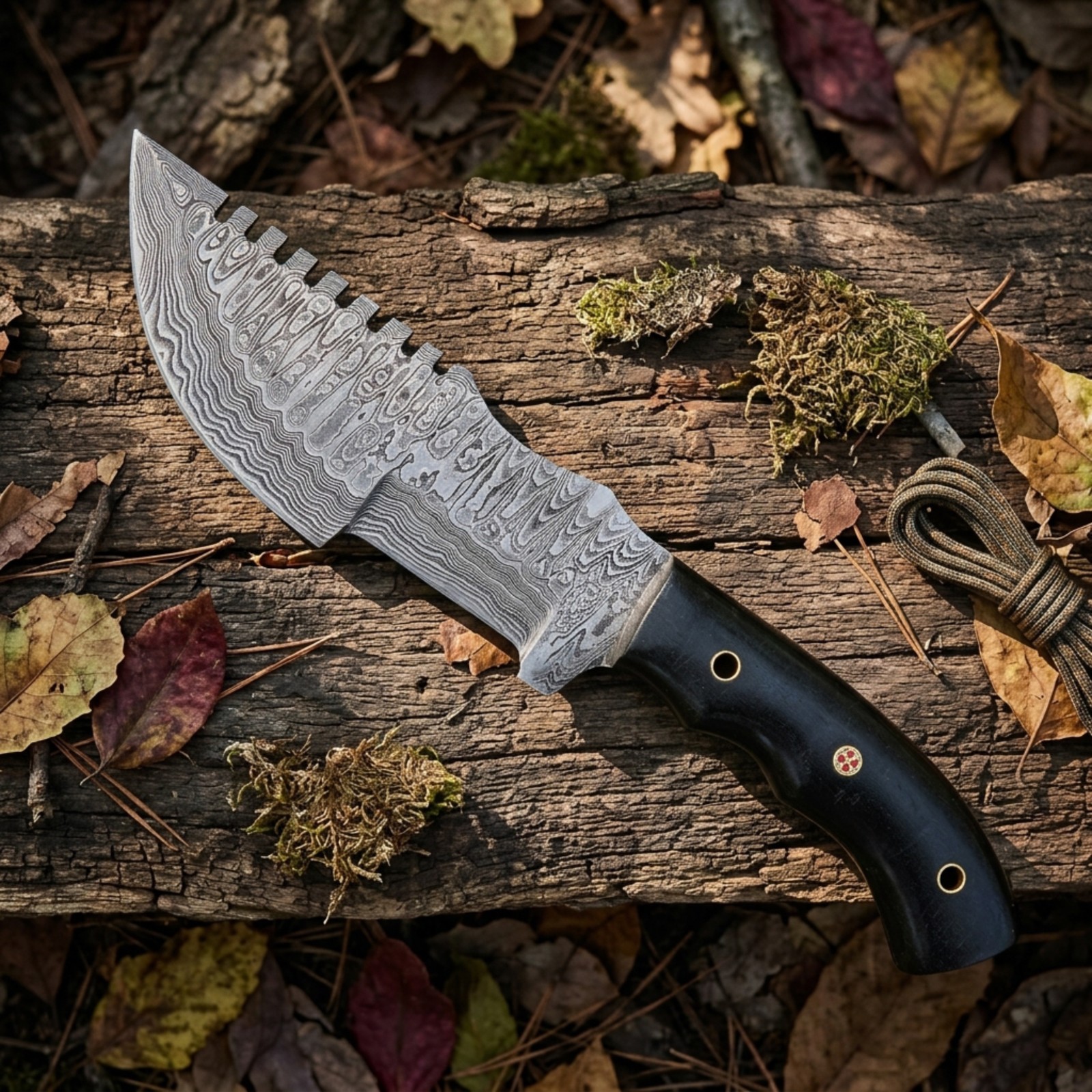 Handmade Damascus Steel Fixed Blade Hunting Knife – Sawback Spine with Sheath