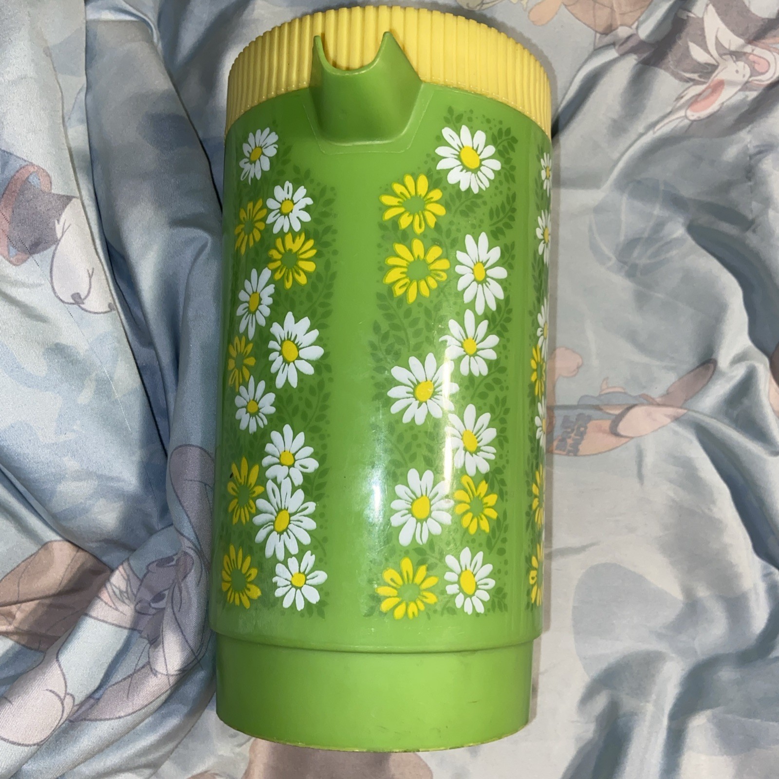 Aladdinware 2 Qt Pitcher Jug Floral 1970s Flower Power Green w/Yellow Lid No 308