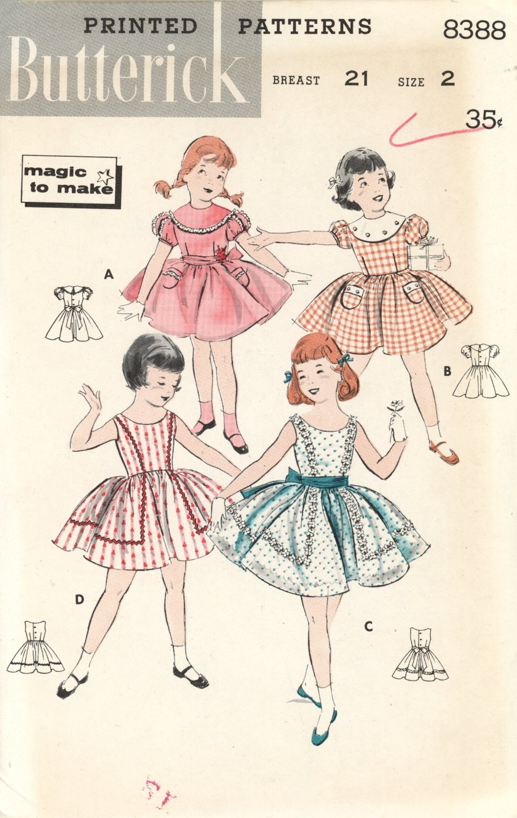 Butterick 8388 Puff Sleeve Dress w Lace Trim Collar, Ribbon Sash Sz 2 UNCUT