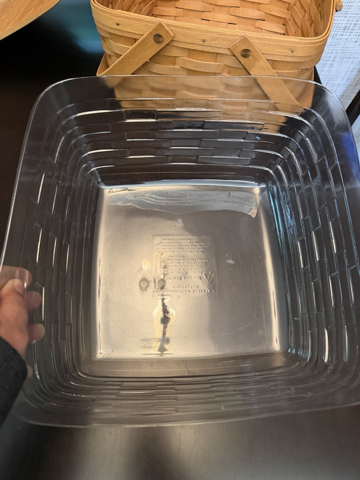 Longaberger Double Handled Picnic Basket Signed PSW 1994 W/Clear Plastic Liner.