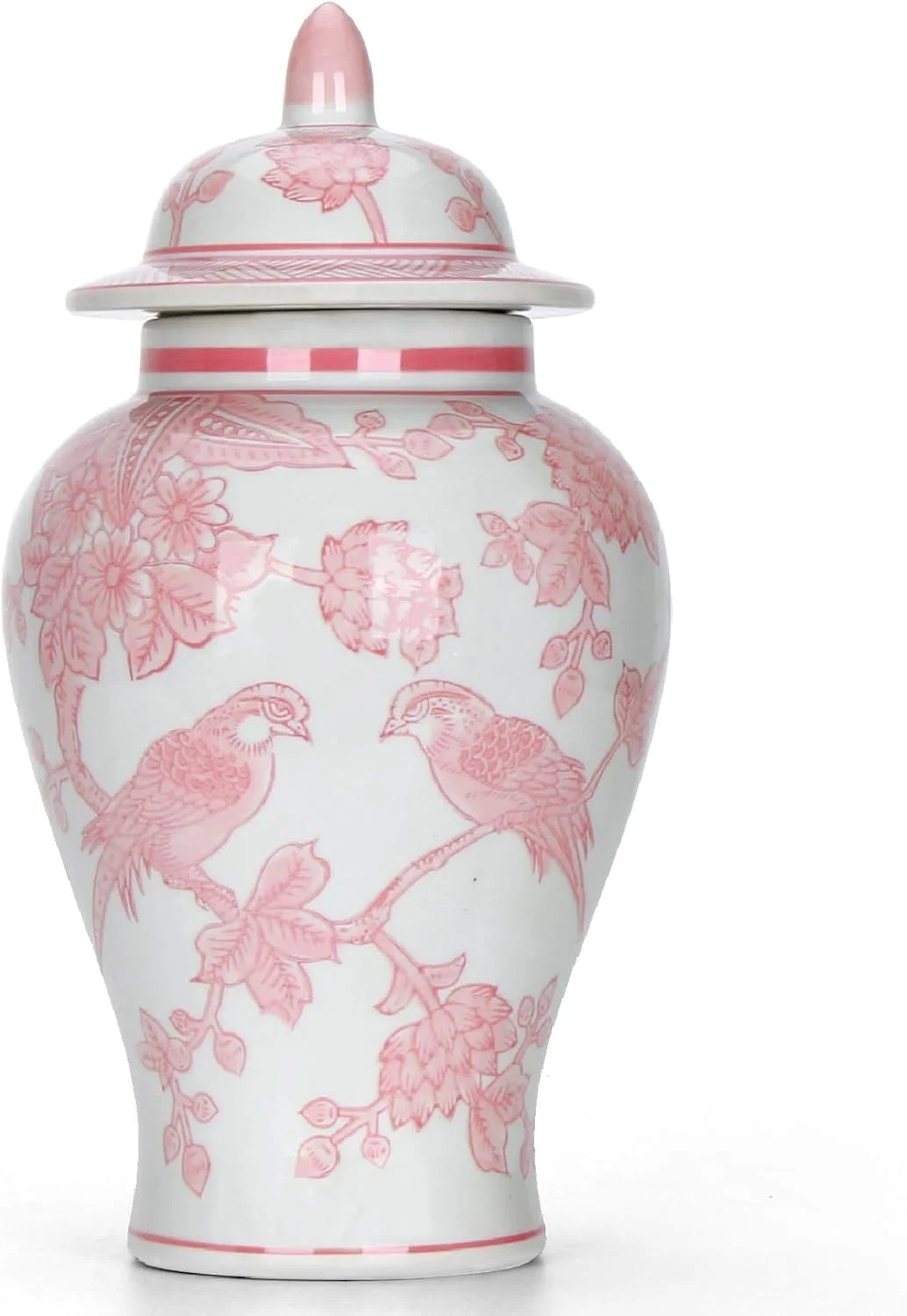 11″ Pink Ginger Jar with Lid Porcelain Stylized Songbirds Floral Temple Jar C…