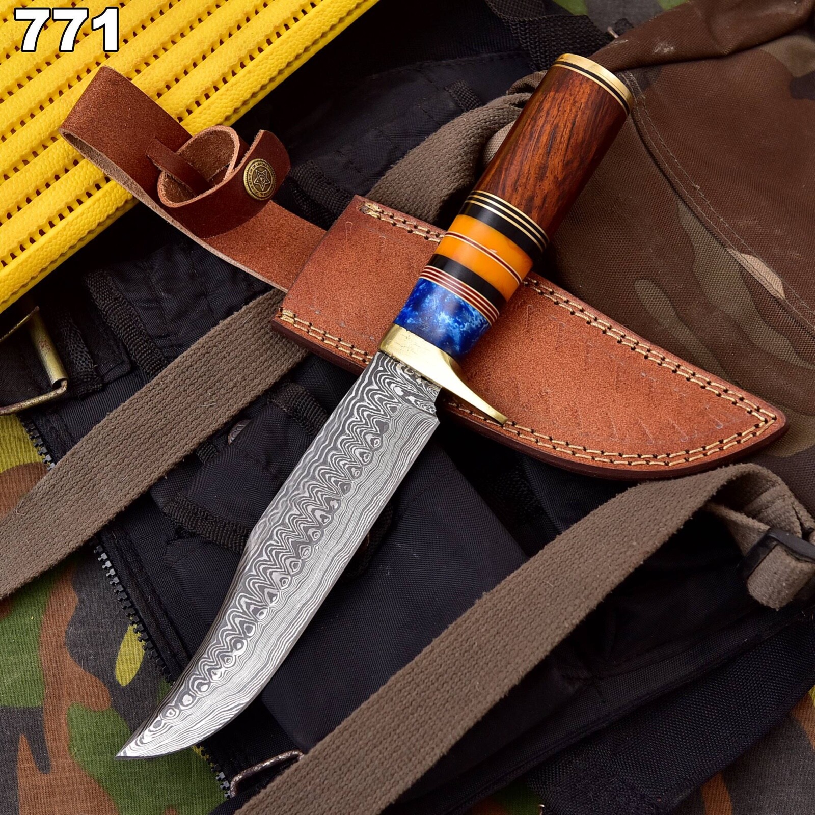 UBR CUSTOM HANDMADE Damascus STEEL HUNTING BOWIE KNIFE WITH LEATHER SHEATH