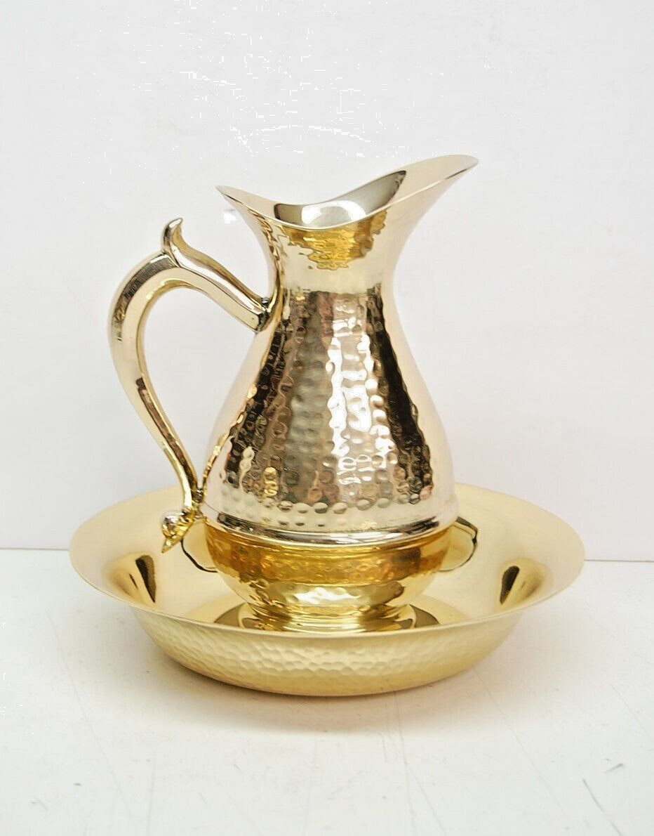 HAND HAMMERED POLISHED BRASS EWER JUG & BASIN SET (LAVABO SET) (#314)
