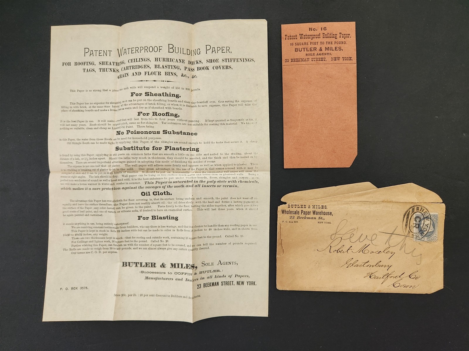 1800 antique BUTLER & MILES WHOLESALE PAPER WAREHOUSE ny AD SAMPLE COVER postage