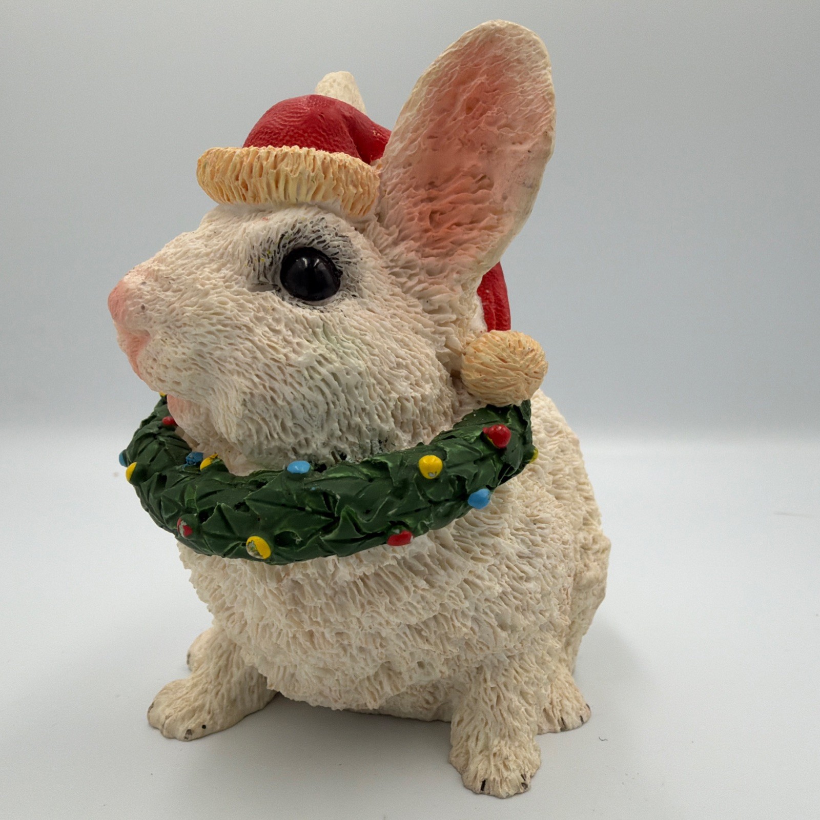 Christmas Easter Bunny Rabbit Santa Claus Hat Wreath Resin Figurine Decoration