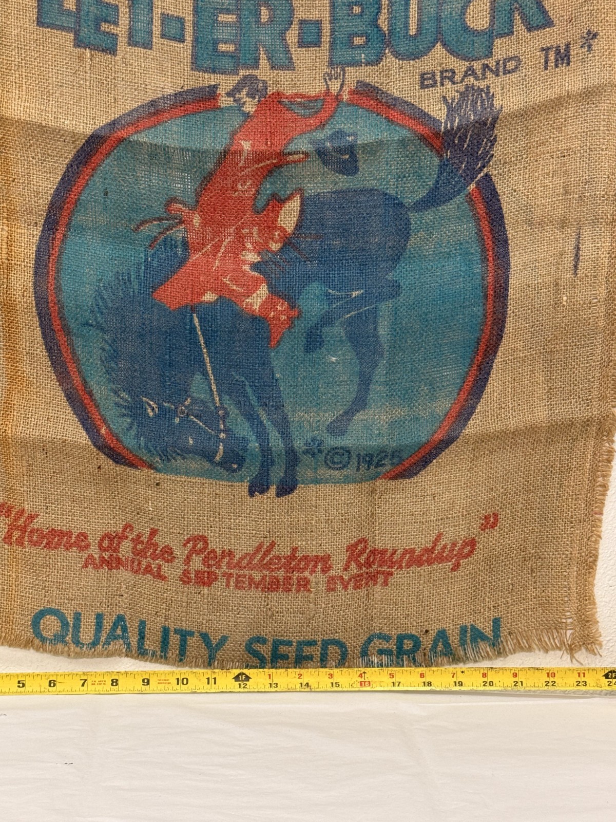Vintage Pendleton Round-Up “Let Ur Buck” Burlap Bag Front Panel