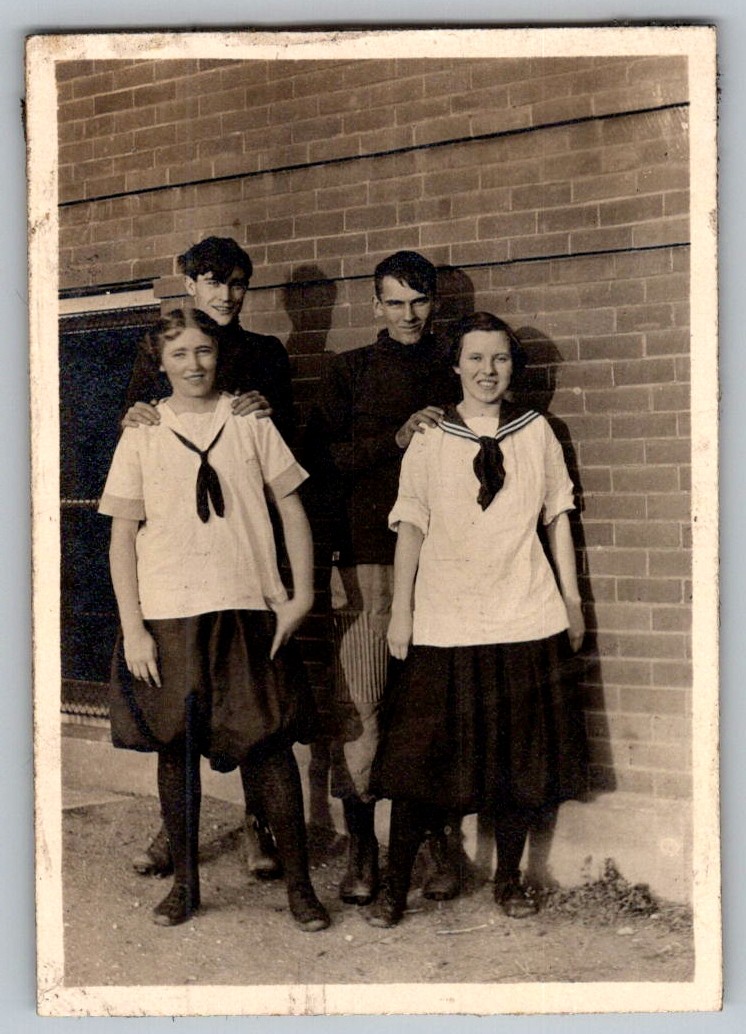 Vtg B&W Snapshot Group Teens In Sailor Outfits By Brick Wall 1920s