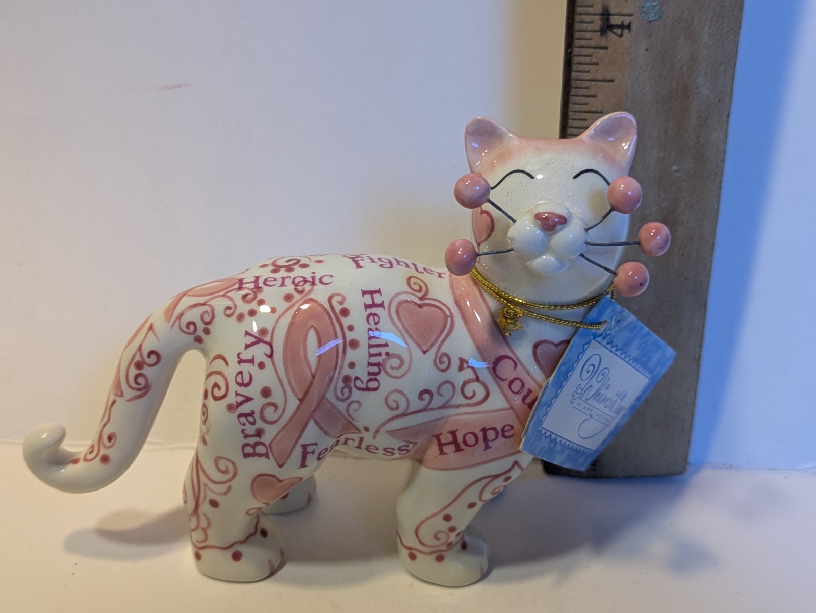WhimsiClay Josie, Beautiful Pink Ribbon Cat, & cat pin. 1 Whisker Missing